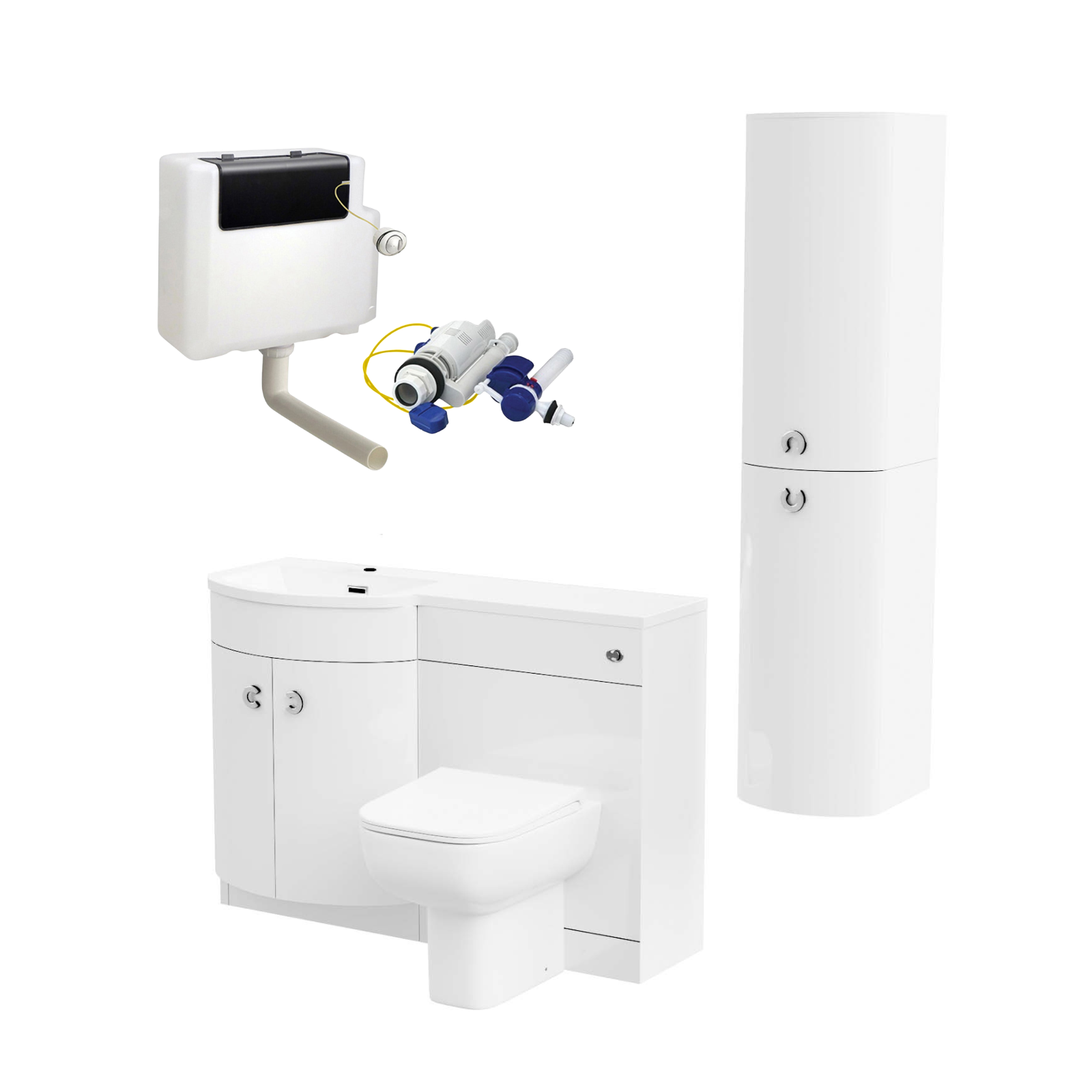 Dene 1100 mm P-Shape White LH Basin Vanity Unit, Toilet & Wall Hung Cabinet Flat Pack