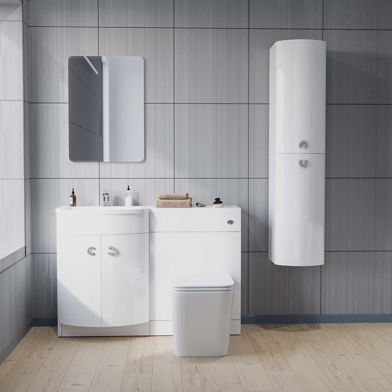Dene 1100 mm FP P-Shape White LH Basin Vanity, Rimless Toilet & Wall Hung Cabinet