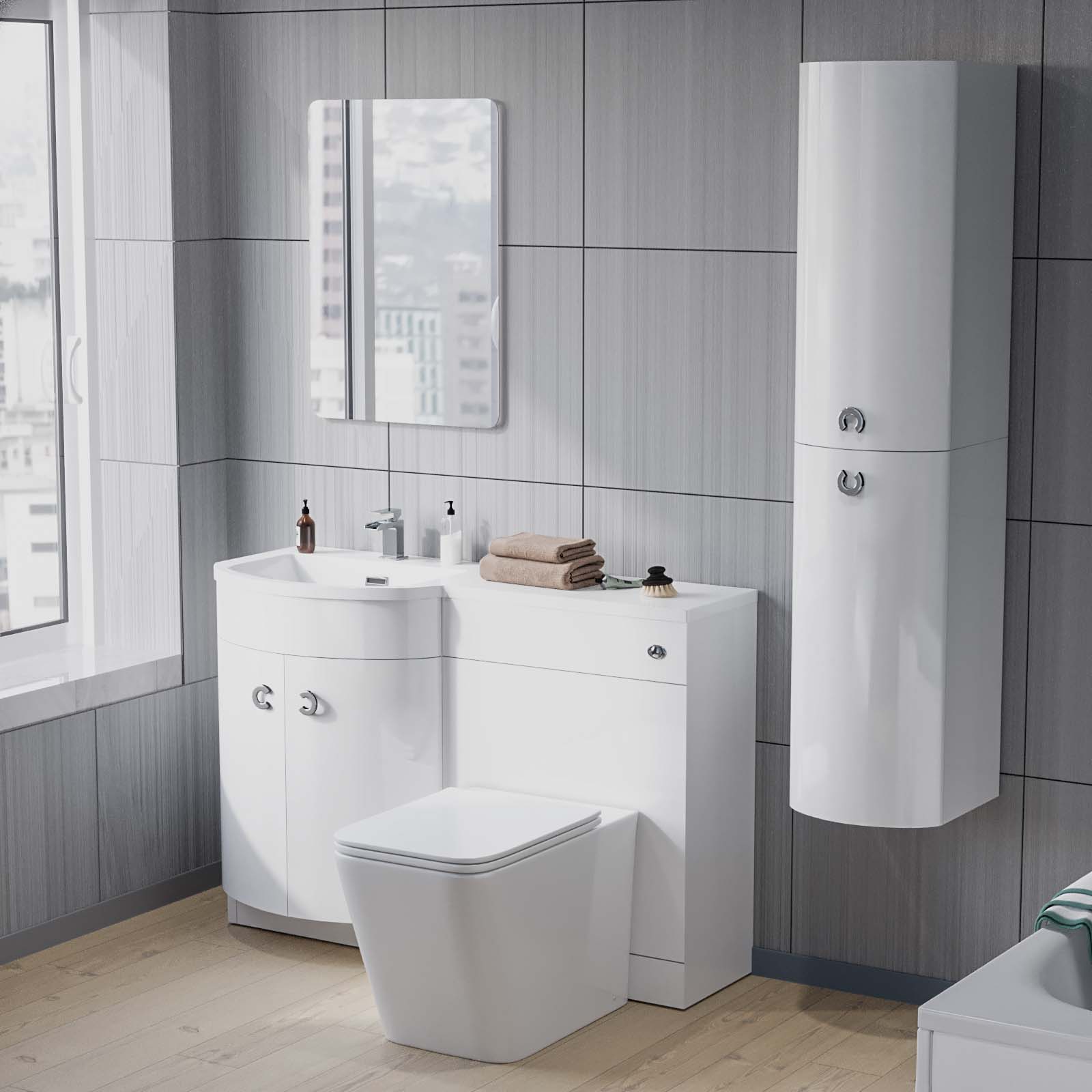Dene 1100 mm FP P-Shape White LH Basin Vanity, Rimless Toilet & Wall Hung Cabinet