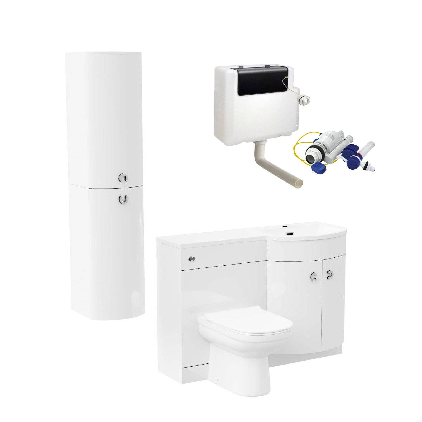 Dene 1100 mm Flat Pack P-Shape White RH Basin Vanity Unit, Toilet & Wall Hung Cabinet