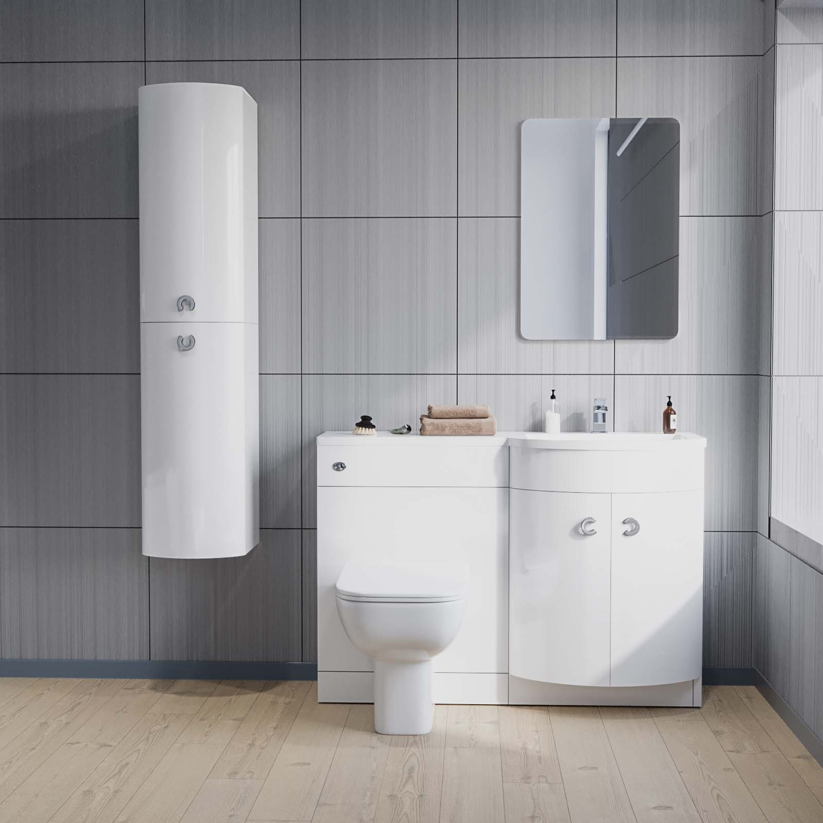 Dene 1100 mm P-Shape White RH Basin Vanity Unit, Toilet & Wall Hung Cabinet Flat Pack