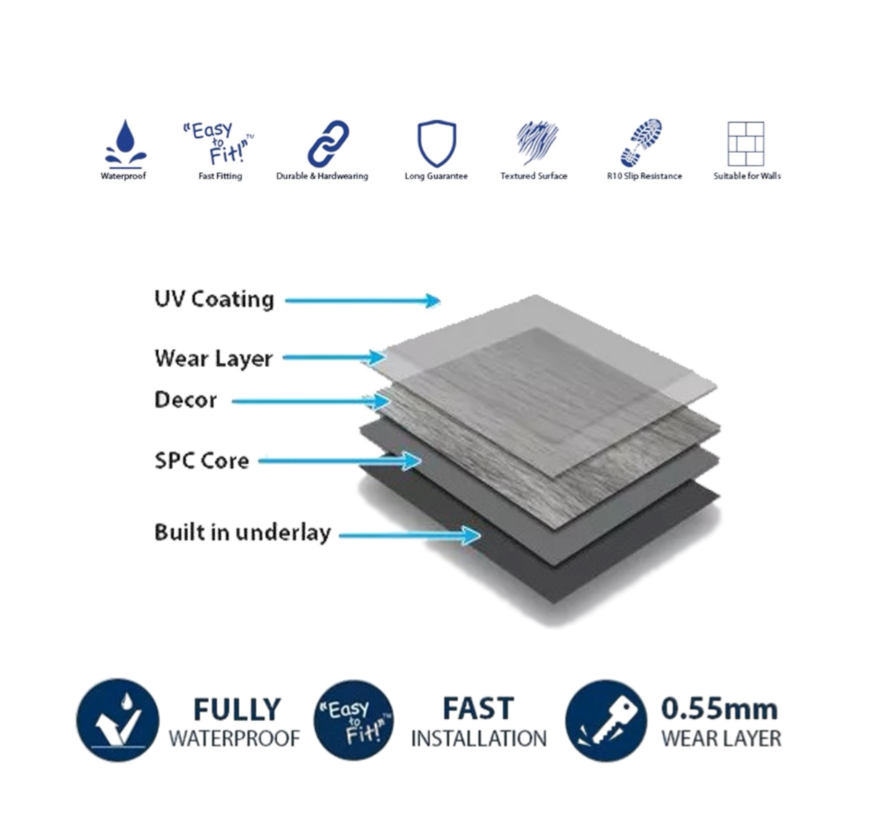 SPC Vinyl Click Flooring Tile 610mm x 305mm Oiled Slate 5.35mm Thick - Pack Of 10