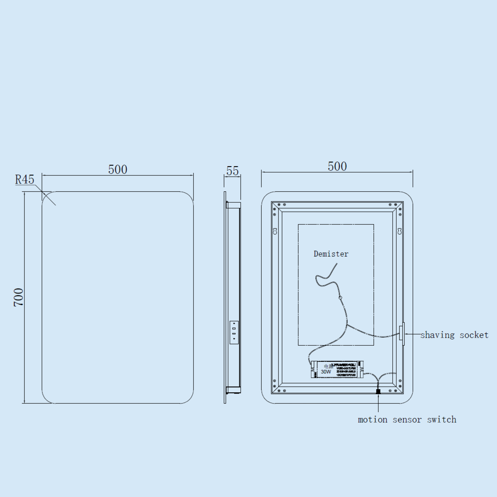 Kartell Garda 500mm W x 700mm H Rectangle Chrome Frameless Back Lid LED Mirror Wall Mounted with Charger Socket - GA5070