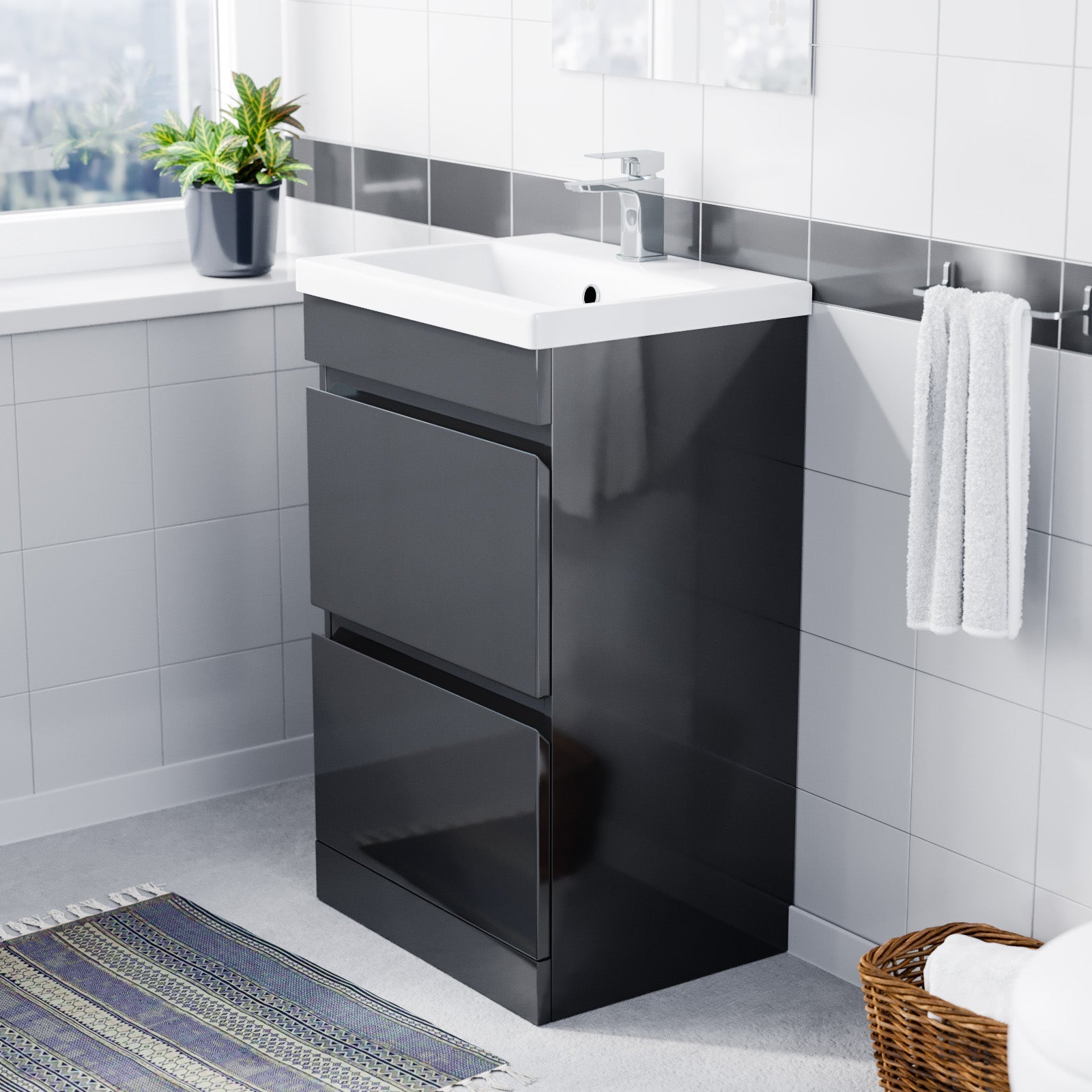 Alaska 500mm PVC Freestanding Basin Vanity Unit 2 Drawers Handless Dark Grey