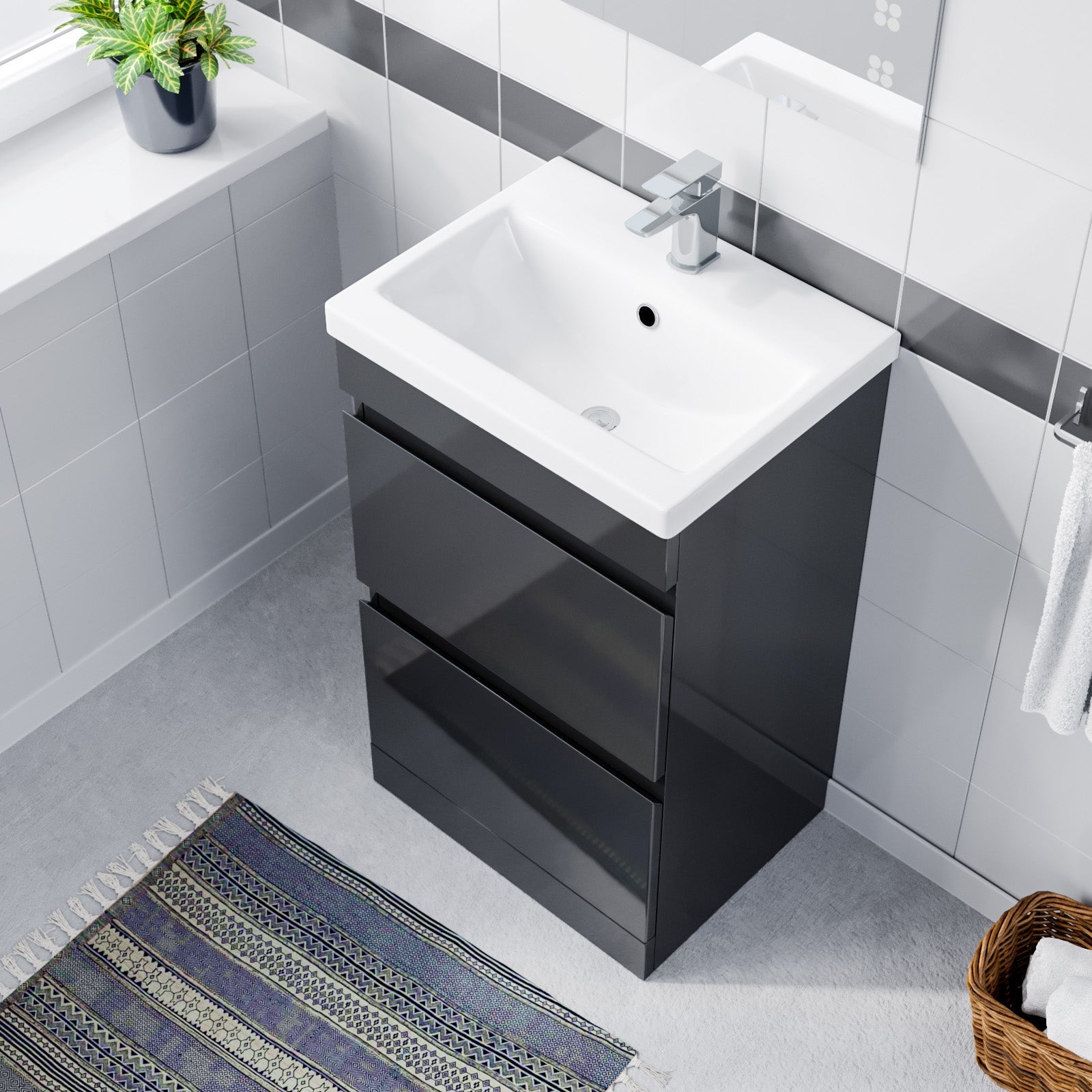 Alaska 500mm PVC Freestanding Basin Vanity Unit 2 Drawers Handless Dark Grey