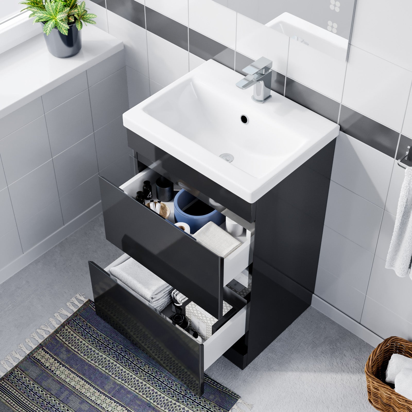 Alaska 500mm PVC Freestanding Basin Vanity Unit 2 Drawers Handless Dark Grey