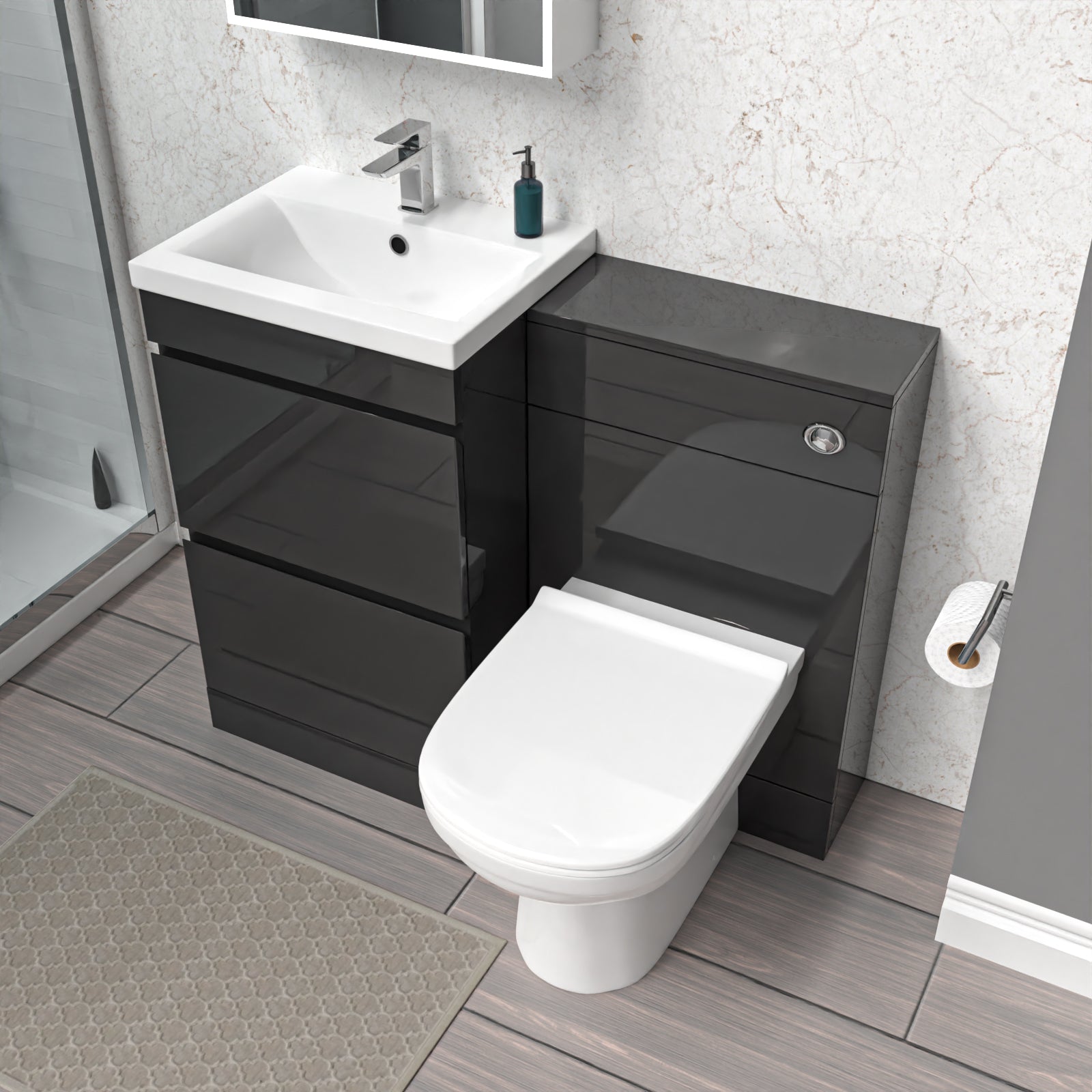 Dark Grey Freestanding 500mm 2 Drawers Vanity, WC Unit & BTW Toilet