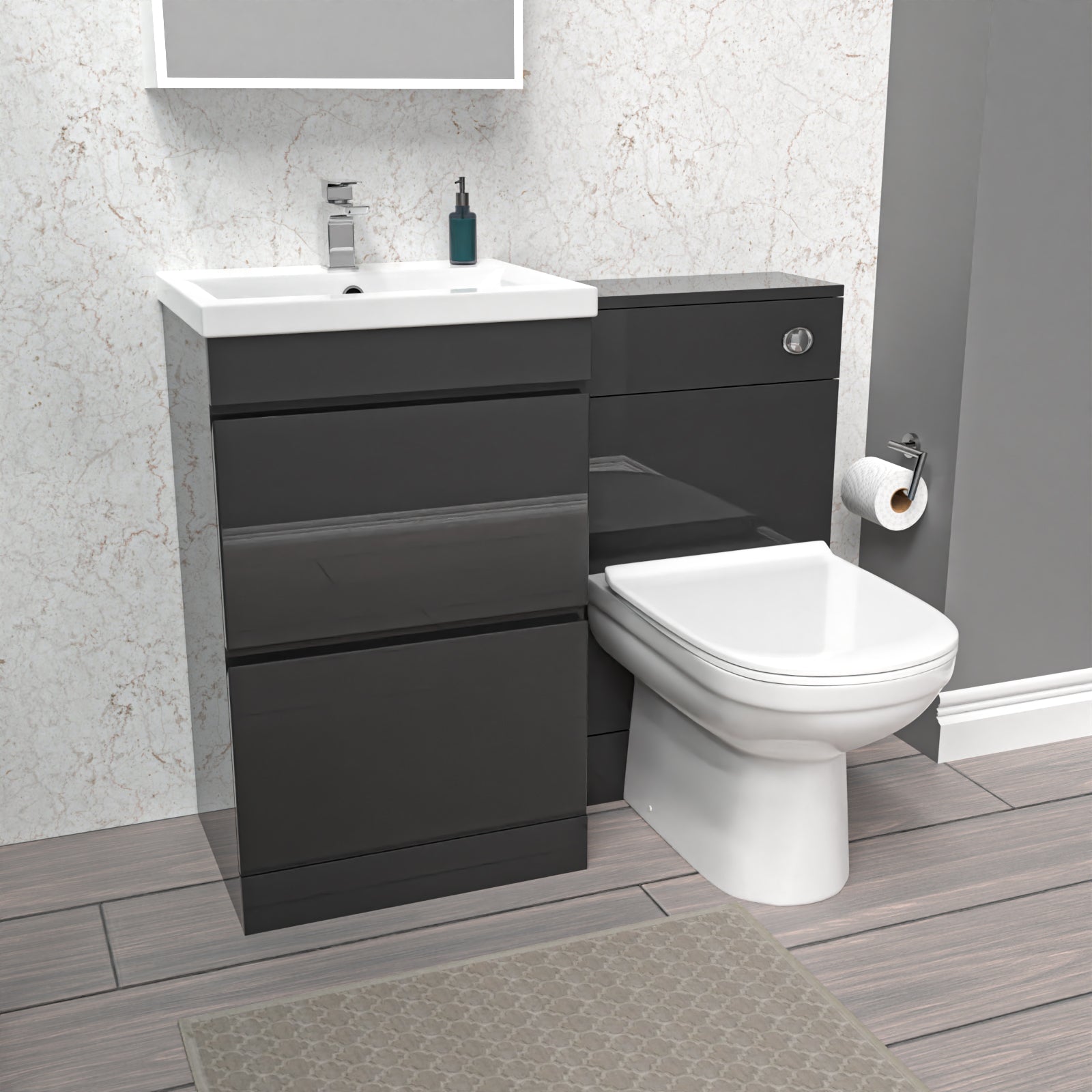 Dark Grey Freestanding 500mm 2 Drawers Vanity, WC Unit & BTW Toilet