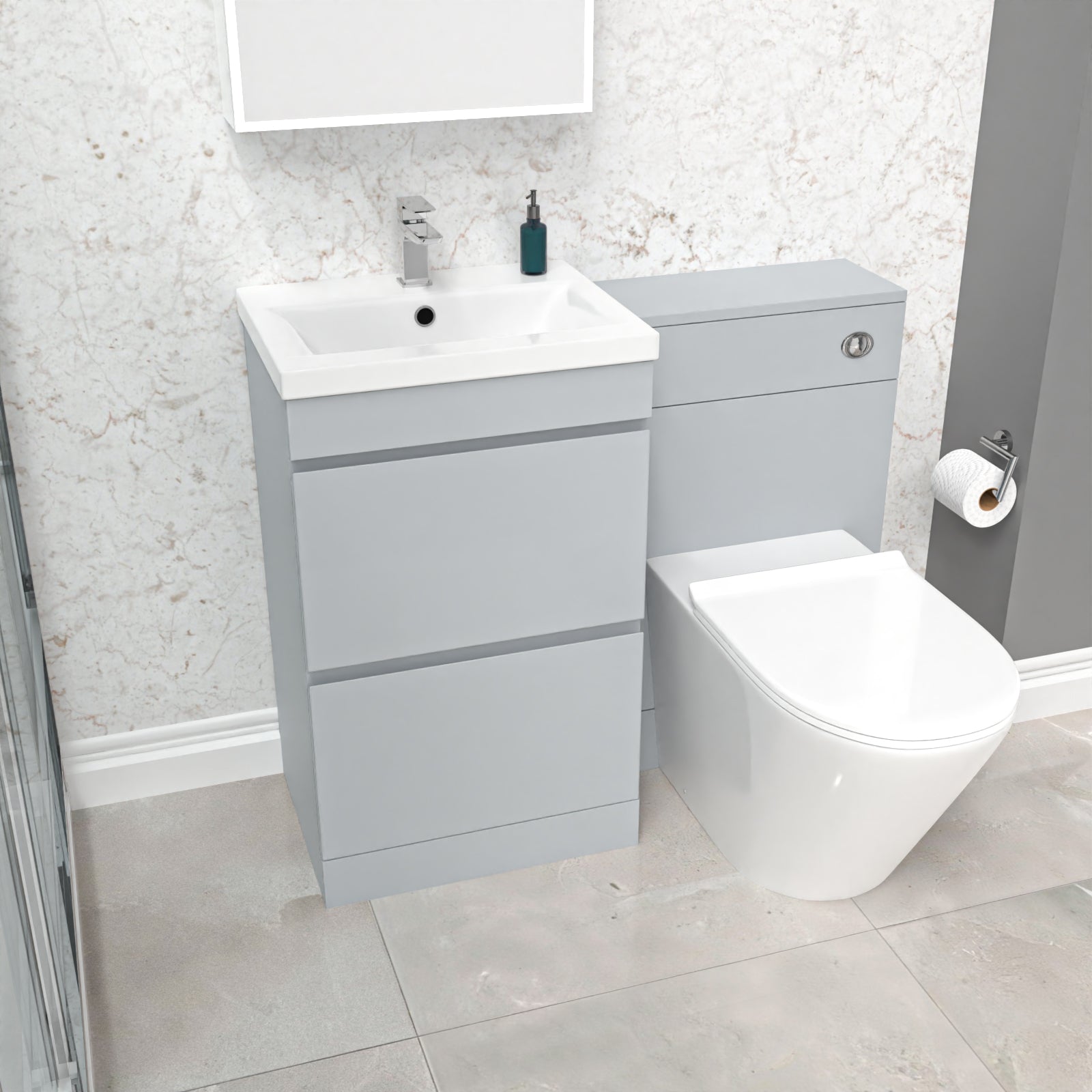 Alaska 500mm Matte Grey 2 Drawers Vanity, WC Unit & BTW White Round Toilet