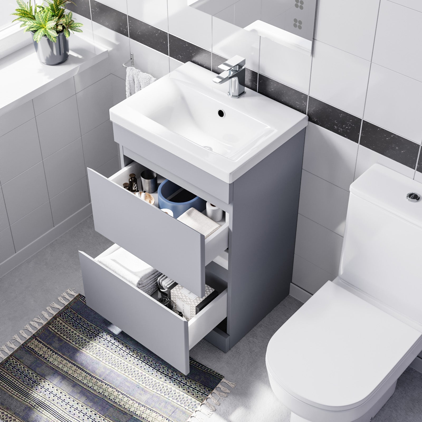 Alaska Matte Grey 500mm 2 Drawers Basin Vanity & Rimless Close Couple Toilet