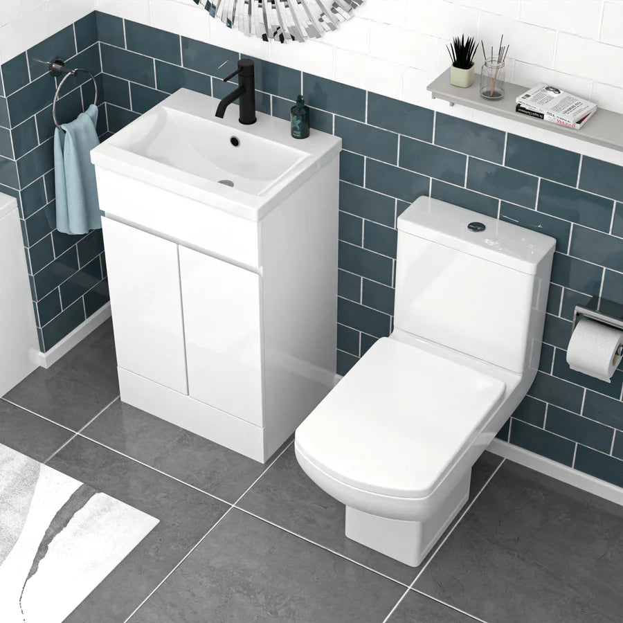Alaska 500mm Handleless White Vanity, Rimless Square Toilet And Bath