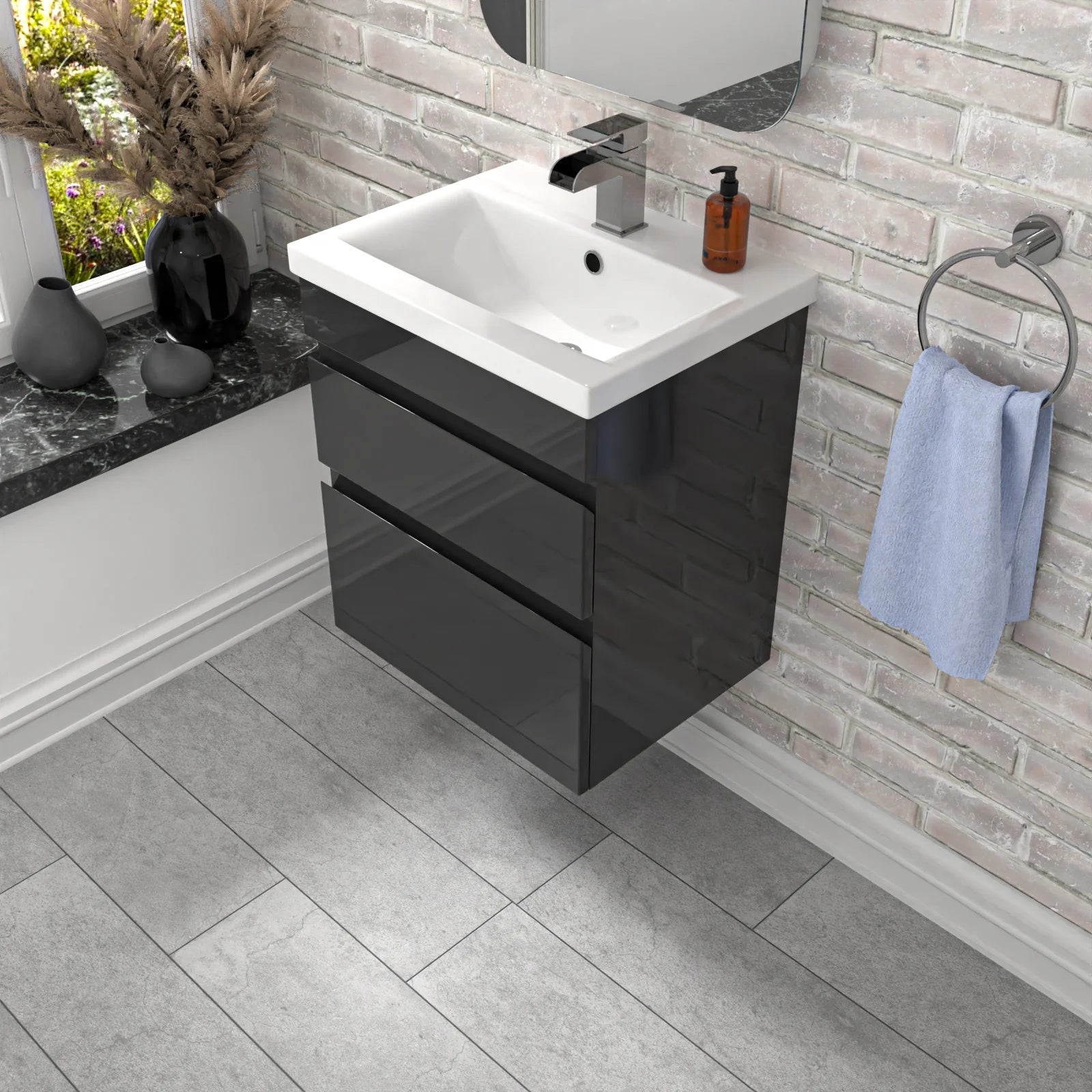Alaska Anthracite 500mm Waterproof PVC Wall Hung 2 Drawer Basin Vanity Unit