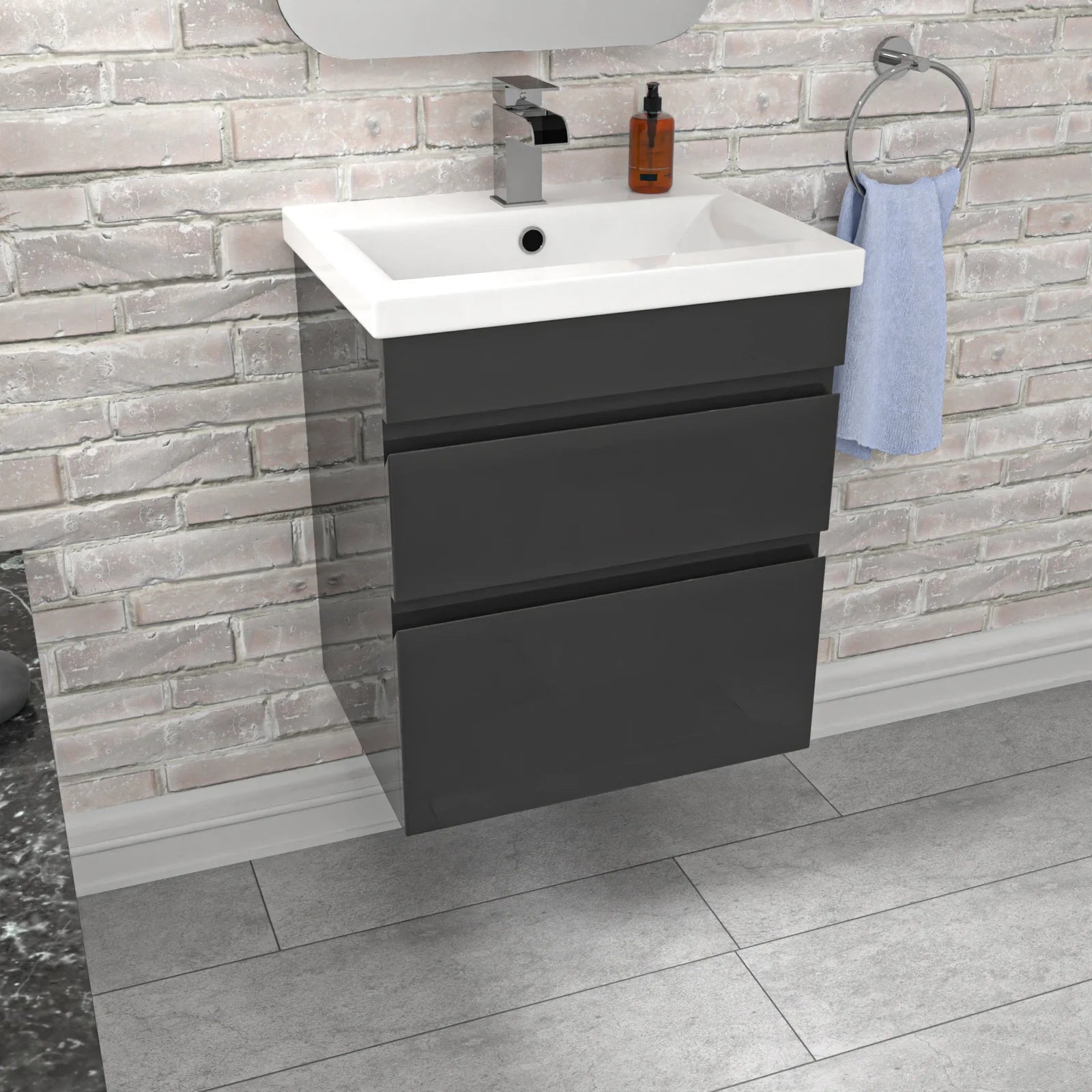 Alaska Anthracite 500mm Waterproof PVC Wall Hung 2 Drawer Basin Vanity Unit