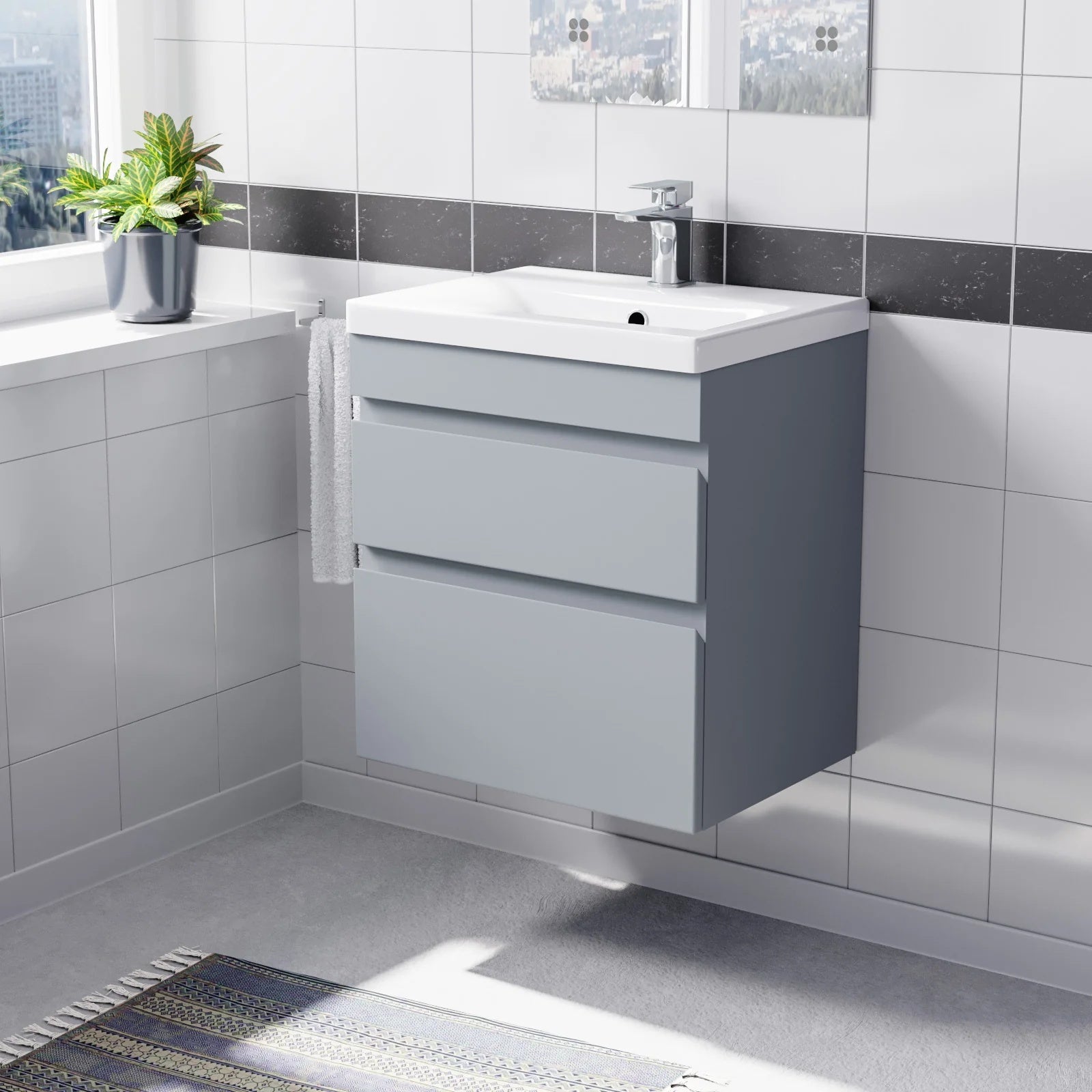 Alaska Matte Grey 500mm Waterproof PVC Wall Hung 2 Drawer Basin Vanity Unit