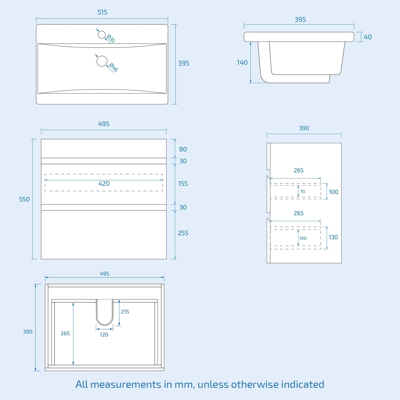 Alaska Matte Grey 500mm Waterproof PVC Wall Hung 2 Drawer Basin Vanity Unit