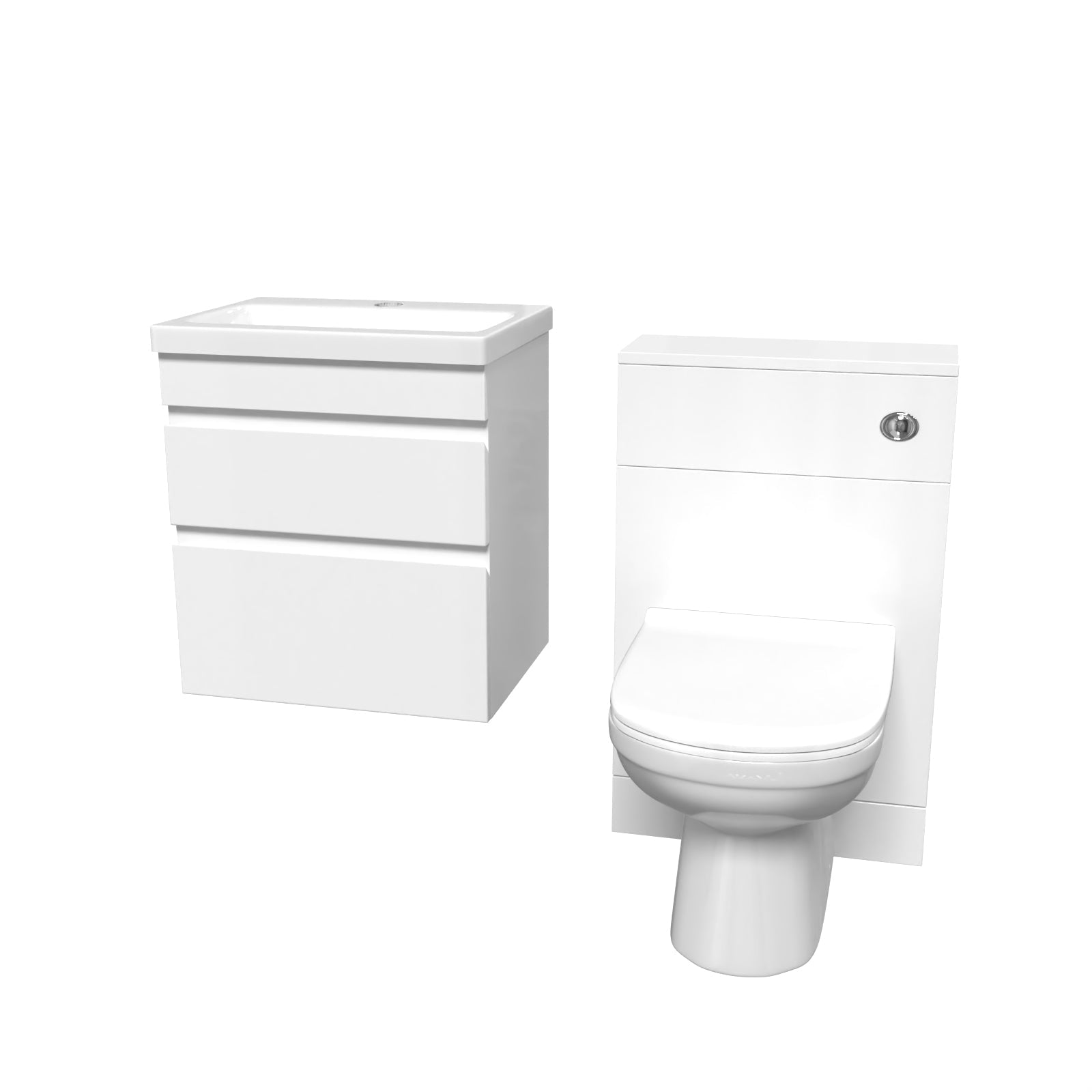 White bathroom vanity unit with a toilet on a white background