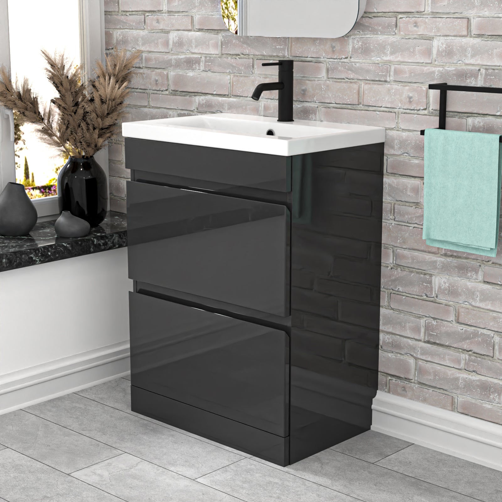 Alaska 600mm 2 Drawers Dark Grey Floorstanding Vanity Cabinet and Basin