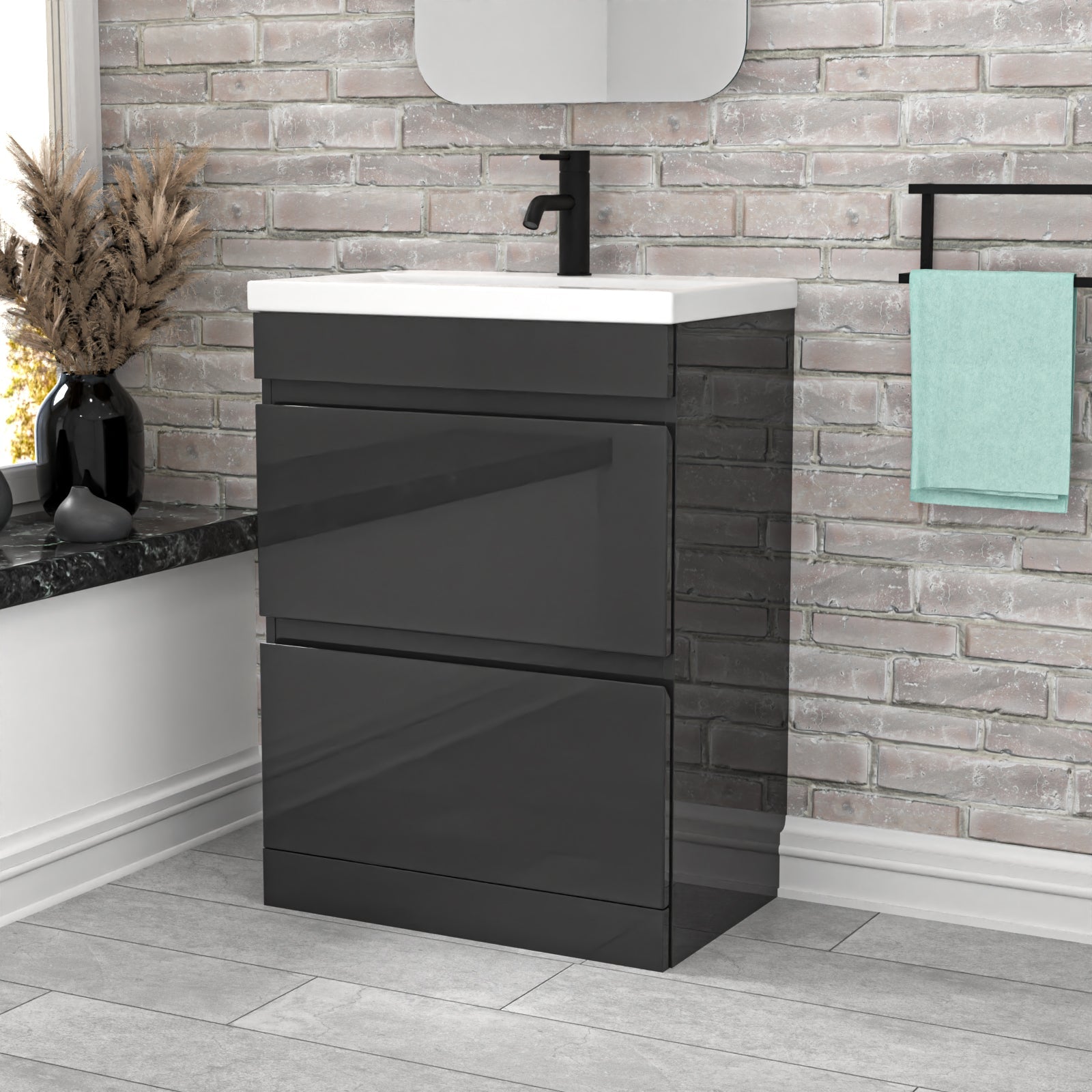 Alaska 600mm 2 Drawers Dark Grey Floorstanding Vanity Cabinet and Basin