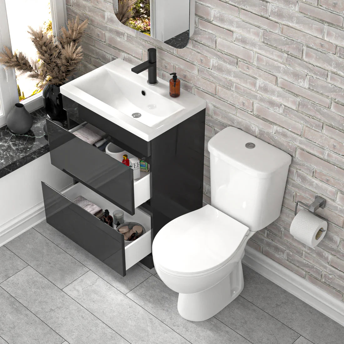 Alaska 600mm Dark Grey 2 Drawers Handleless Basin Vanity Close Coupled Toilet