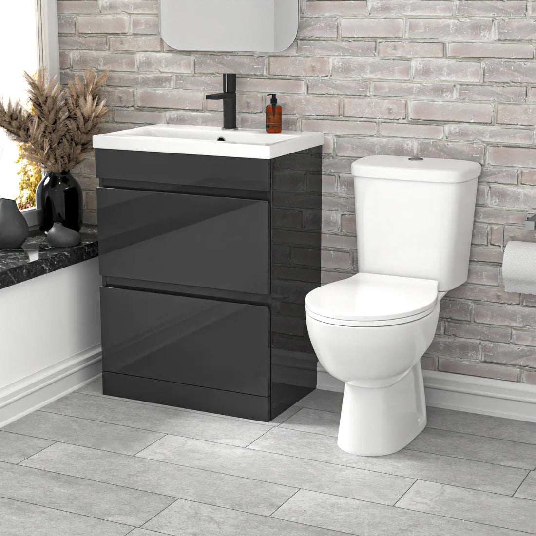 Alaska 600mm Dark Grey 2 Drawers Handleless Basin Vanity Close Coupled Toilet
