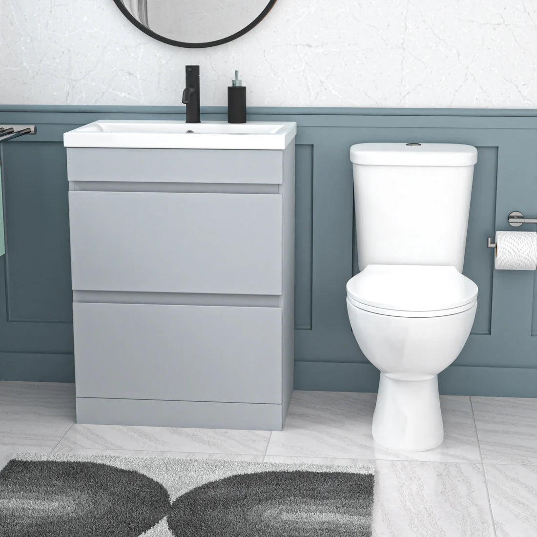 Alaska 600mm Matte Grey 2 Drawers Handleless Basin Vanity Close Coupled Toilet