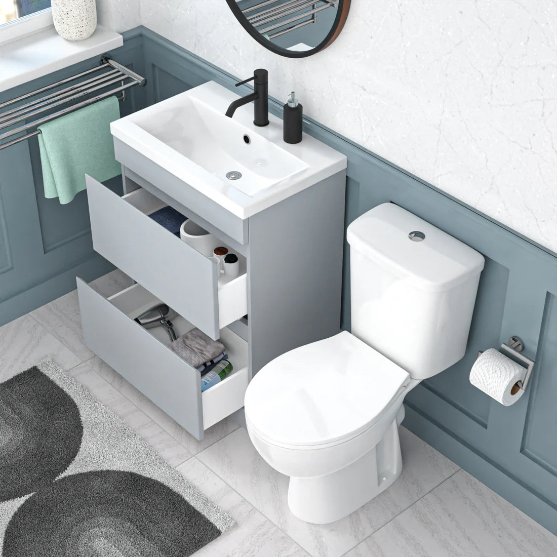 Alaska 600mm Matte Grey 2 Drawers Handleless Basin Vanity Close Coupled Toilet