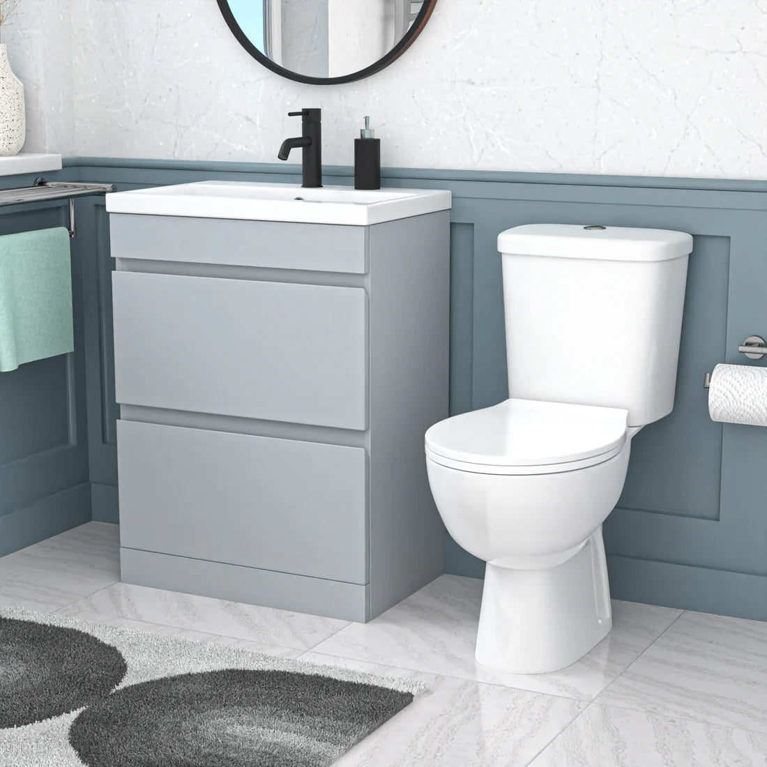 Alaska 600mm Matte Grey 2 Drawers Handleless Basin Vanity Close Coupled Toilet