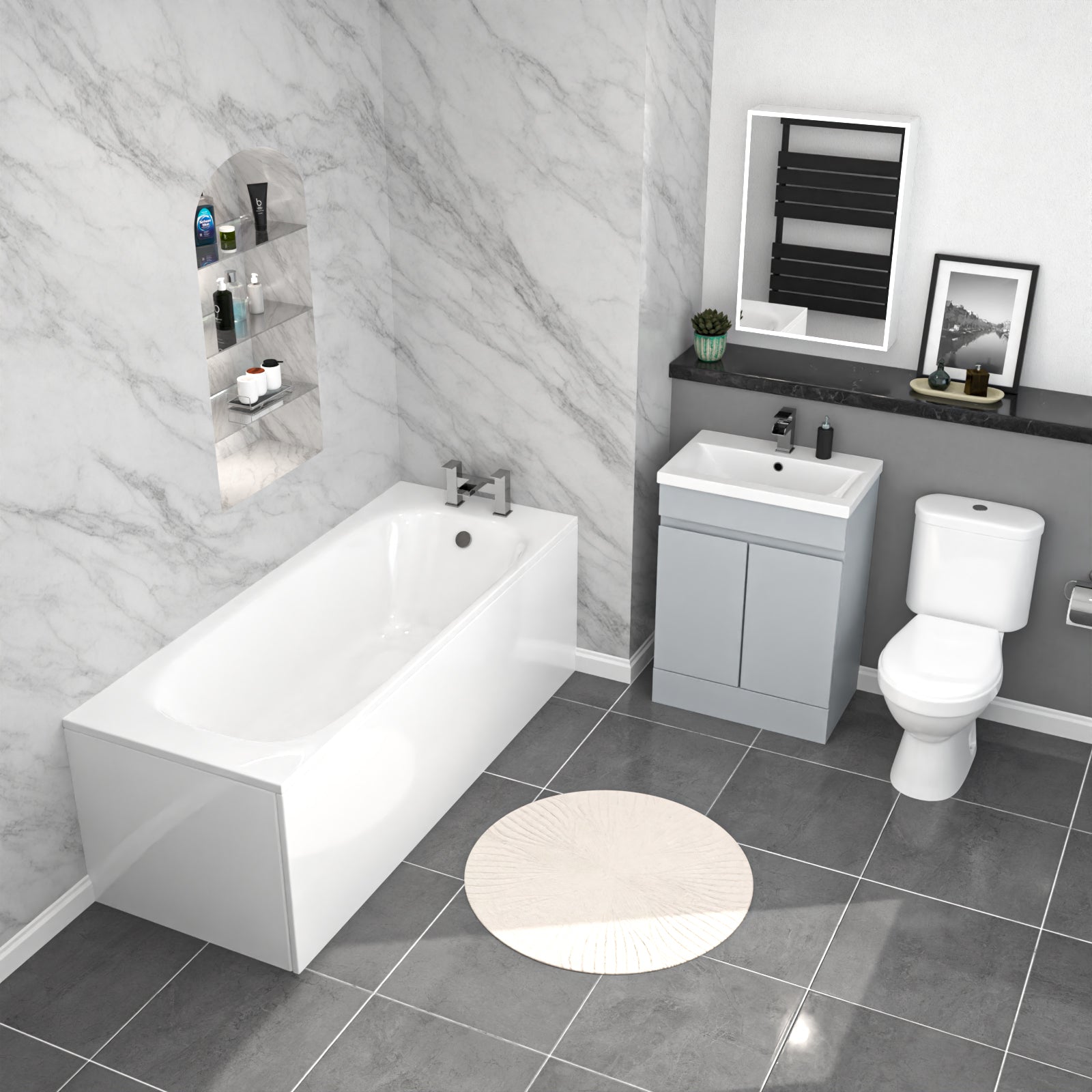Alaska 1700mm Bath, Matte Grey Basin Vanity & Close Coupled Toilet