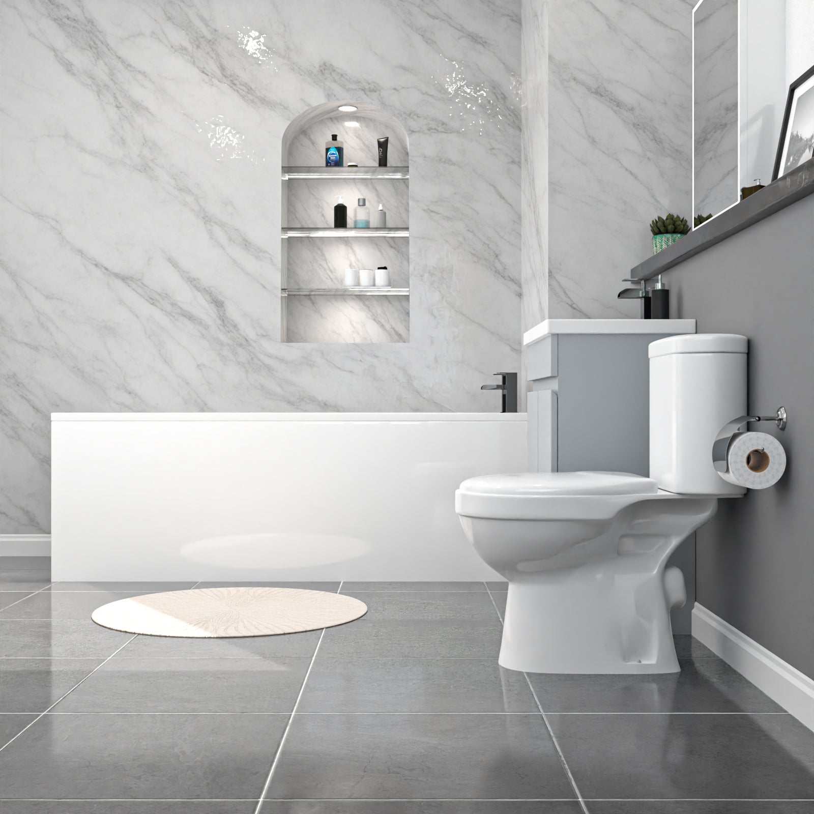 Alaska 1700mm Bath, Matte Grey Basin Vanity & Close Coupled Toilet
