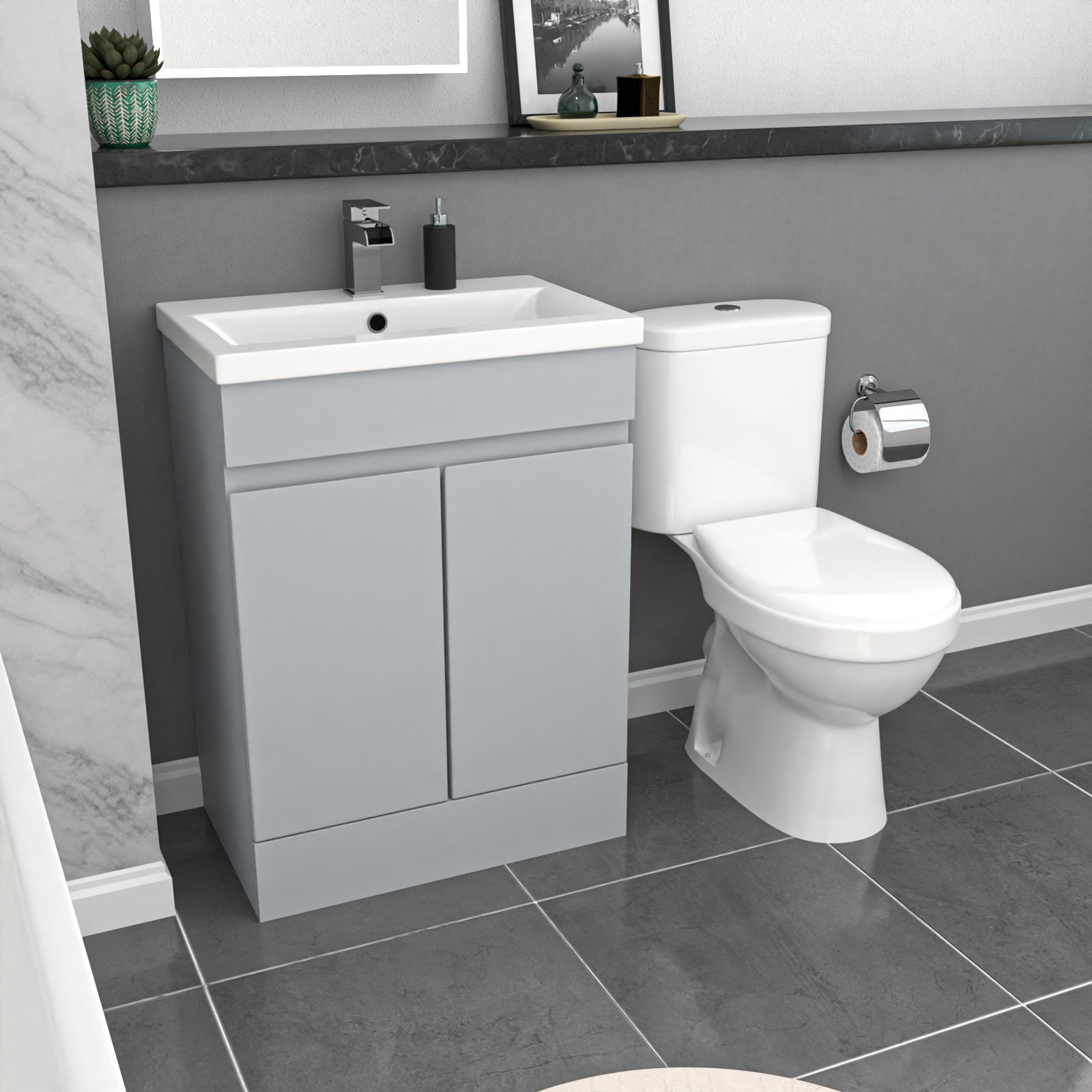 Alaska 1700mm Bath, Matte Grey Basin Vanity & Close Coupled Toilet