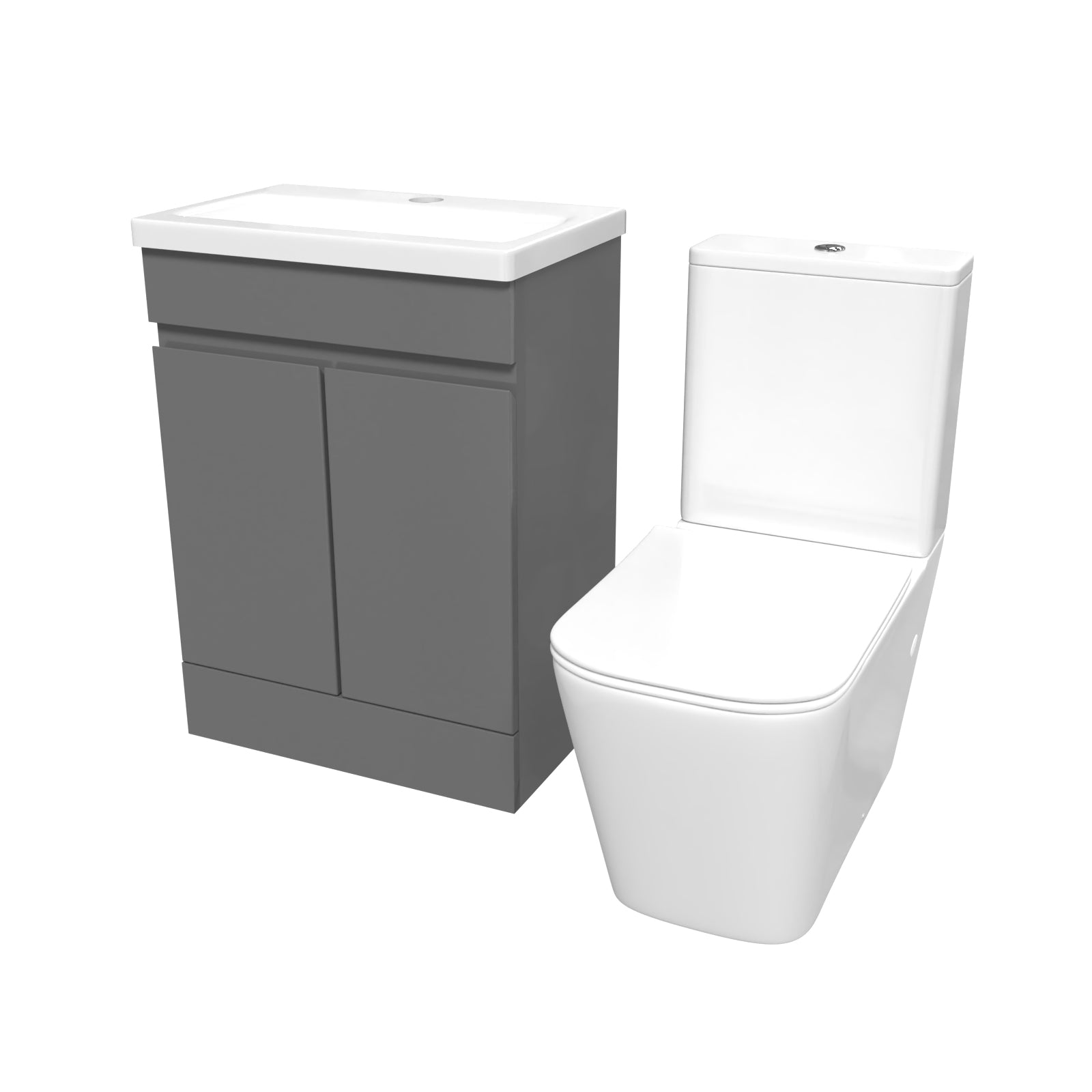 Gray vanity unit with white countertop and white toilet