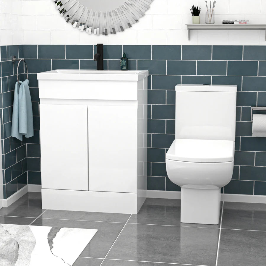Alaska 600mm Handleless White Vanity, Rimless Square Toilet And Bath