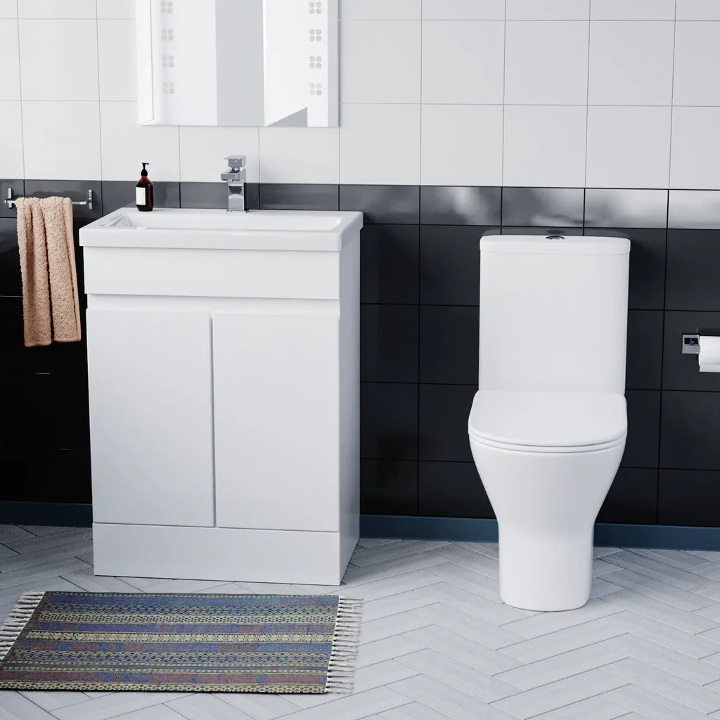 Alaska Flat Pack 600mm Gloss White Basin Vanity & Theo Close Coupled Rimless Toilet Set