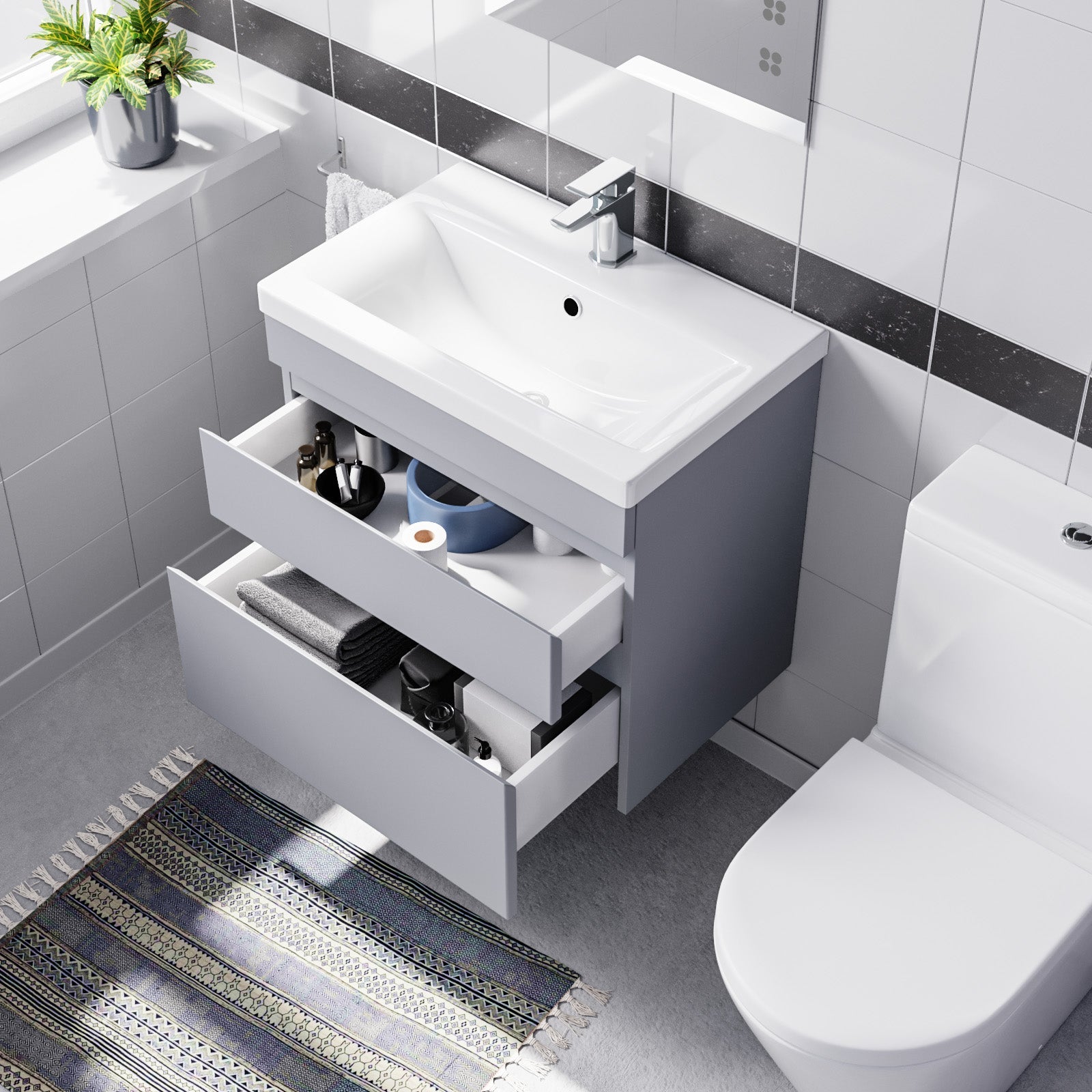 Alaska 600mm Matte Grey Wall Hung Drawers Vanity & Close Coupled Toilet Set