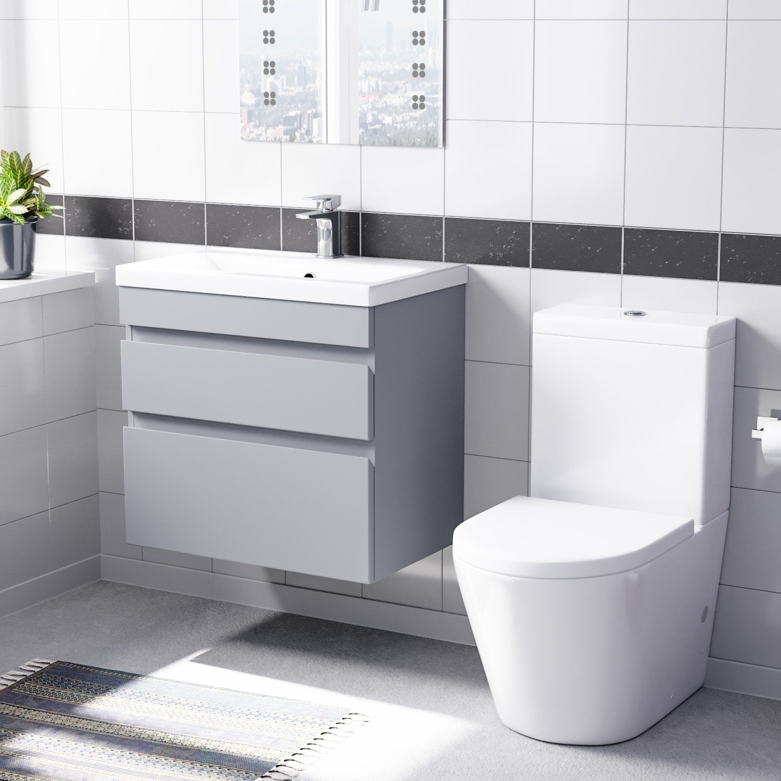Alaska 600mm Matte Grey Wall Hung Drawers Vanity & Close Coupled Toilet Set
