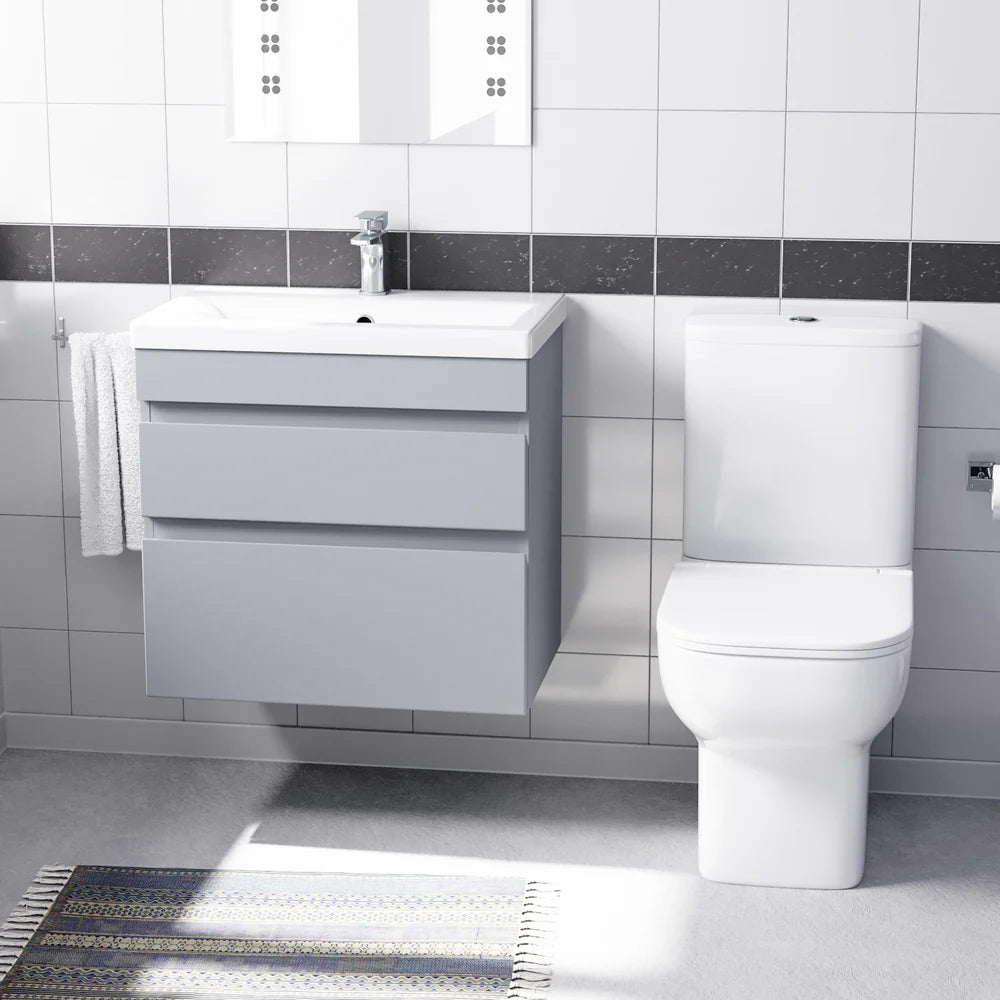 Alaska Matte Grey 600mm Wall Hung Drawers Vanity Unit & Rimless Toilet Set