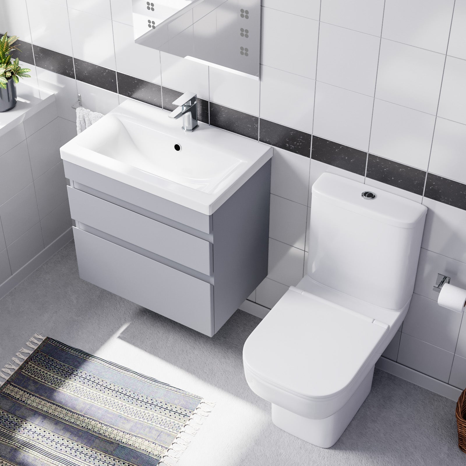 Alaska Matte Grey 600mm Wall Hung Drawers Vanity Unit & Rimless Toilet Set