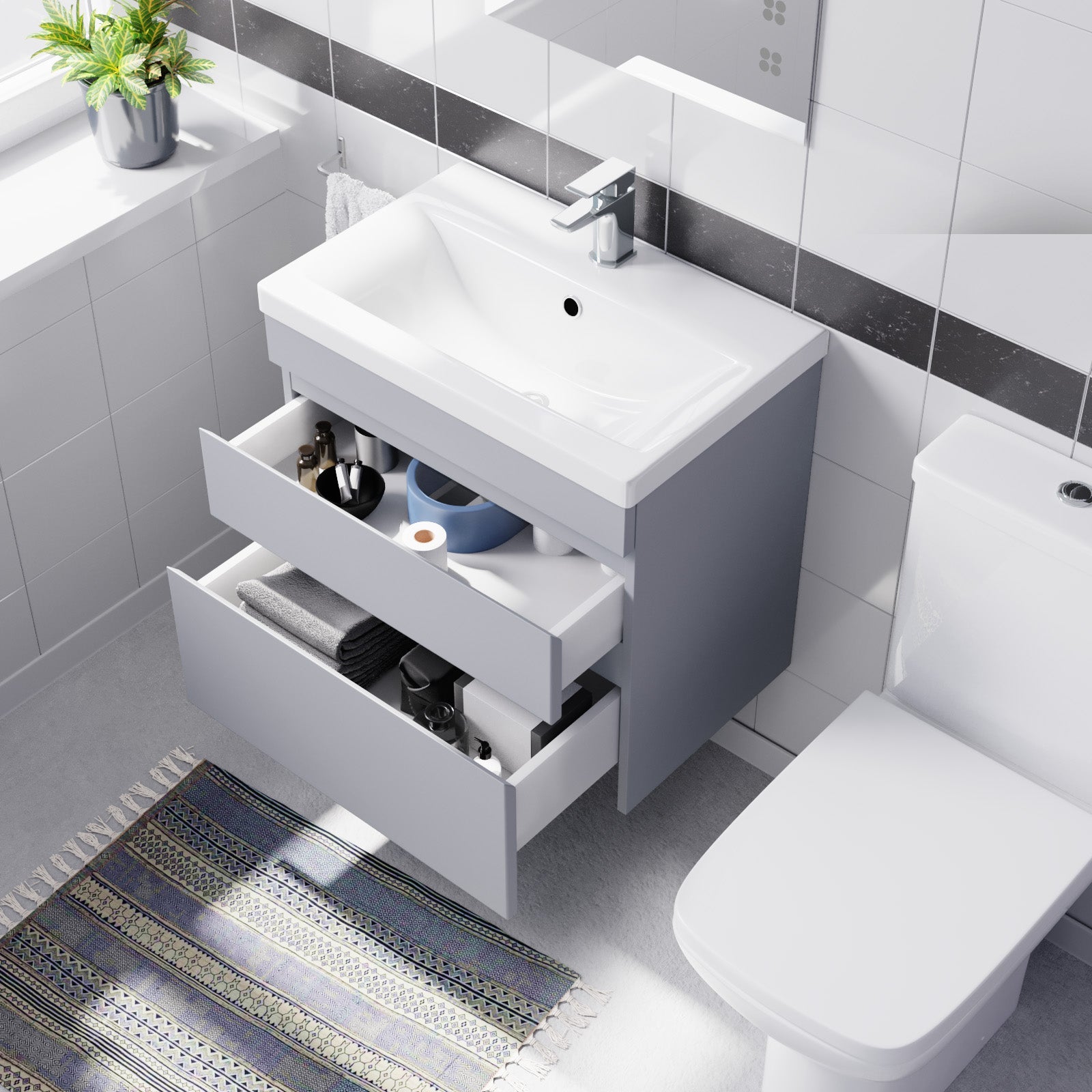 Alaska Matte Grey 600mm Wall Hung Drawers Vanity Unit & Rimless Toilet Set