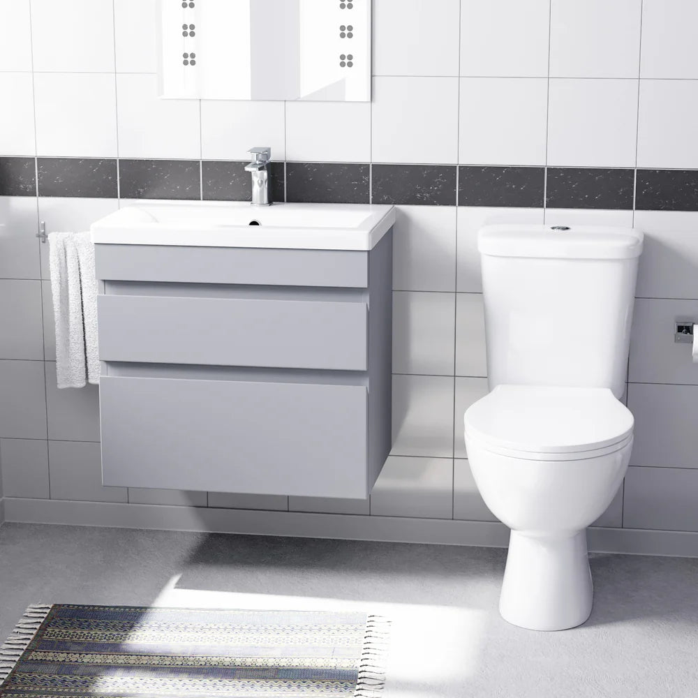 Alaska Matte Grey 600mm Wall Hung 2 Drawers Vanity Unit & Close Coupled Toilet