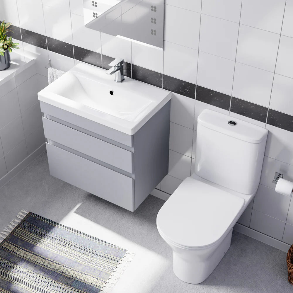 Alaska Matte Grey 600mm Drawers Vanity Unit Wall Hung & Rimless Toilet Set