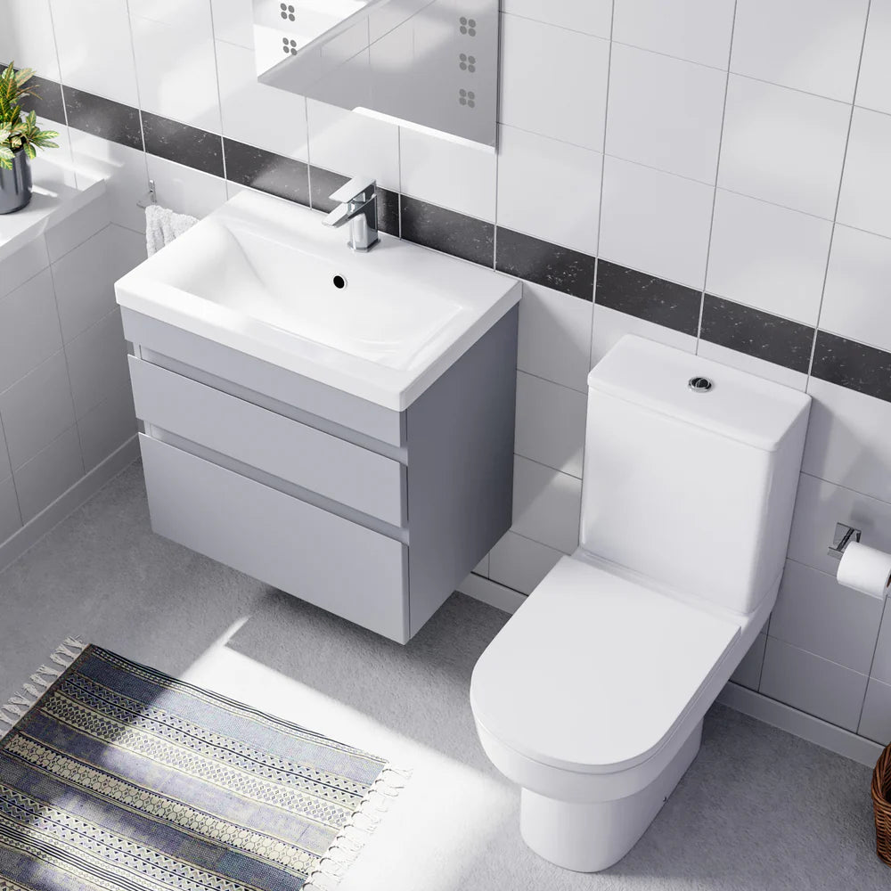 Alaska Matte Grey 600mm Drawers Vanity Unit Wall Hung & Rimless Toilet Set