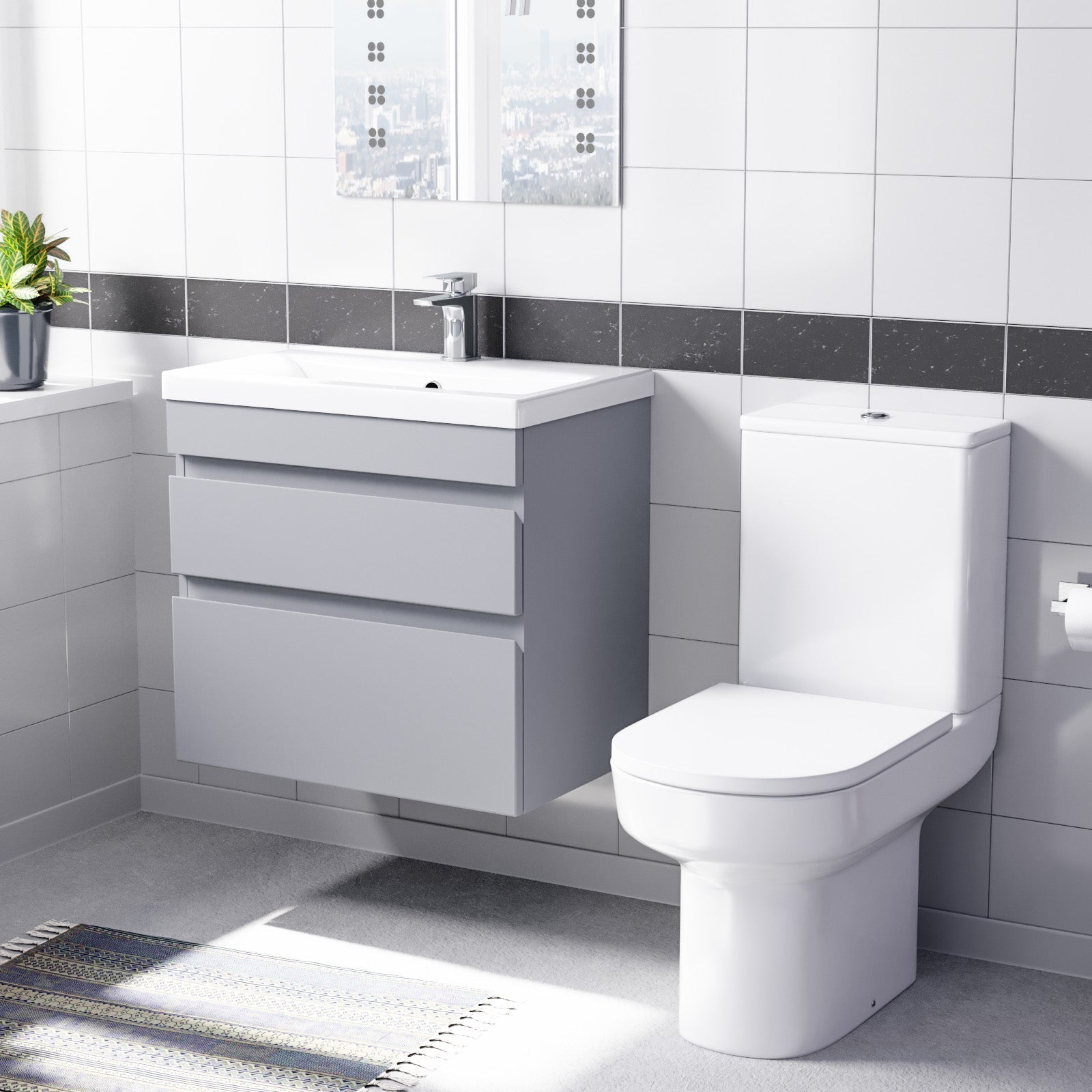 Alaska Matte Grey 600mm Drawers Vanity Unit Wall Hung & Rimless Toilet Set