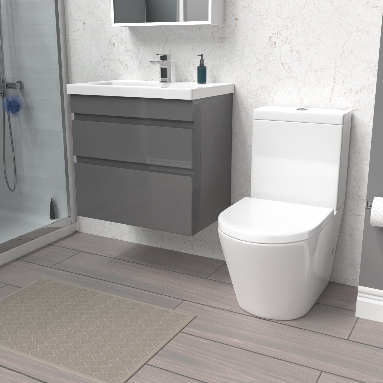 Alaska 600mm Steel Grey Wall Hung Drawers Vanity & Close Coupled Toilet Set