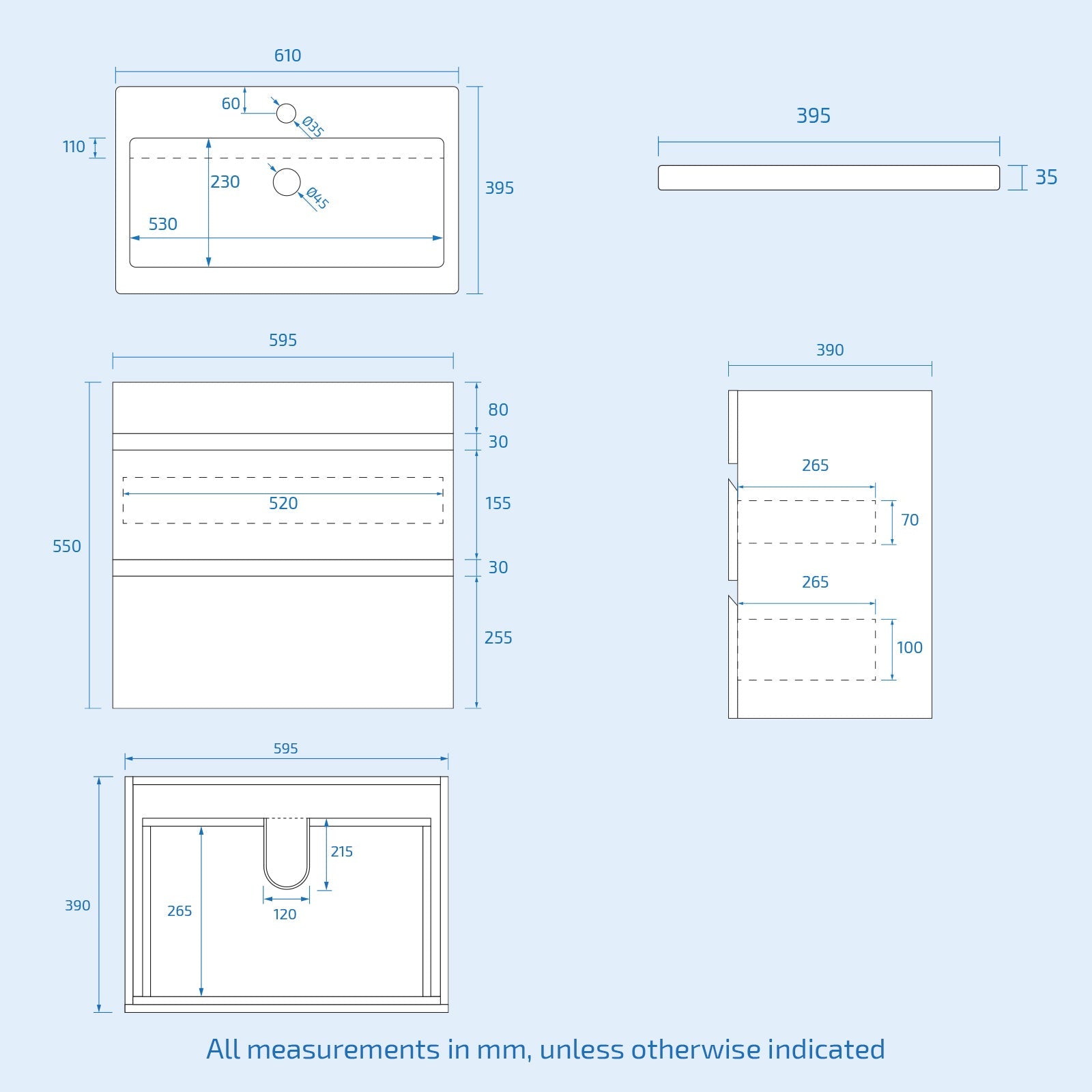 Alaska White 600mm PVC 2 Drawer Wall Hung Vanity Cabinet and Basin Unit
