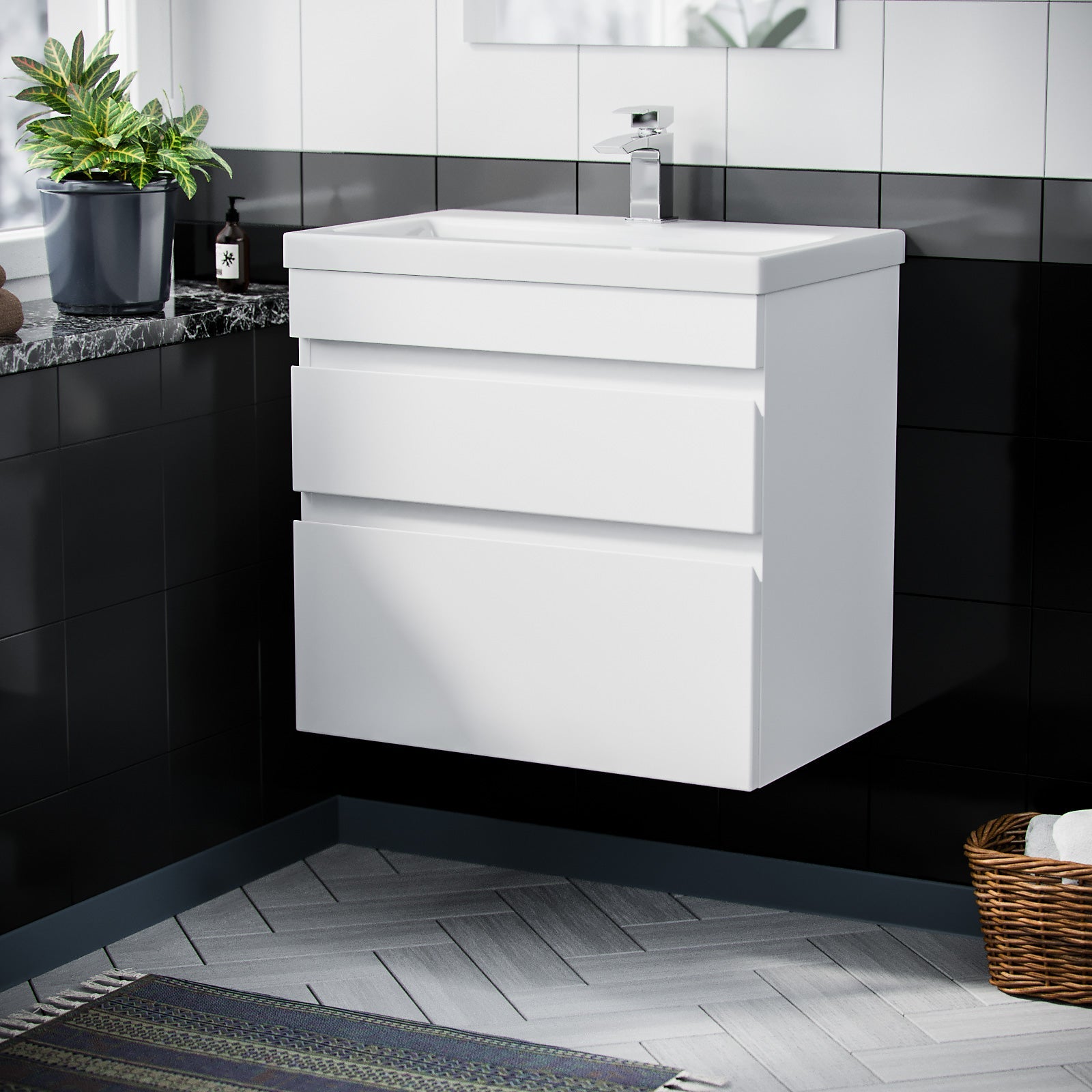 Alaska White 600mm PVC 2 Drawer Wall Hung Vanity Cabinet and Basin Unit