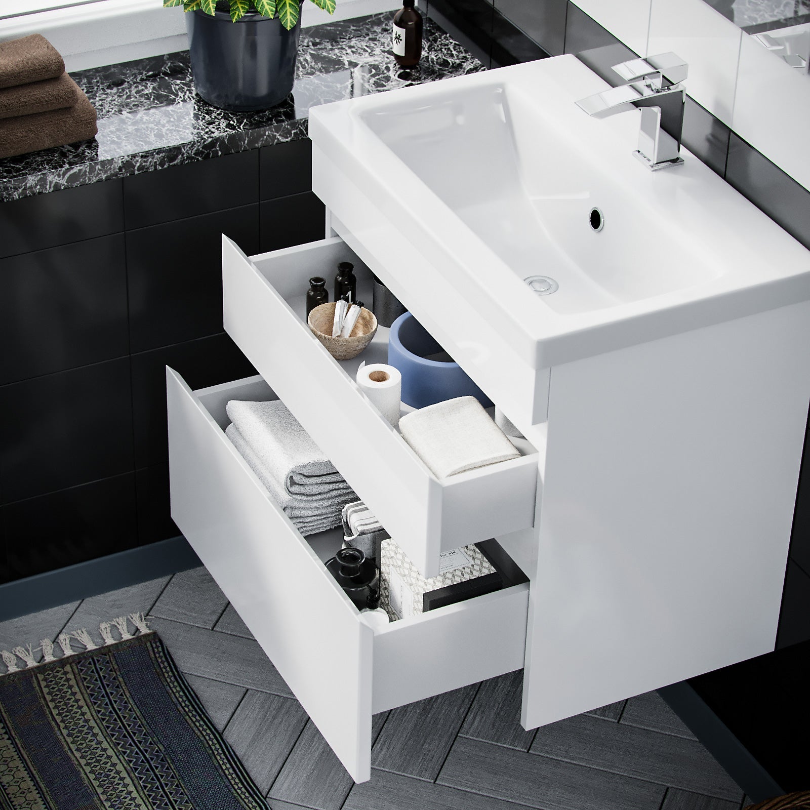 Alaska White 600mm PVC 2 Drawer Wall Hung Vanity Cabinet and Basin Unit