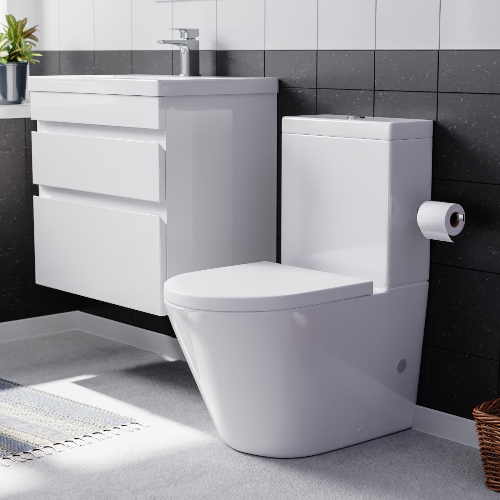 Alaska White 600mm Wall Hung 2 Drawers Vanity Cabinet Unit & Close Coupled Toilet