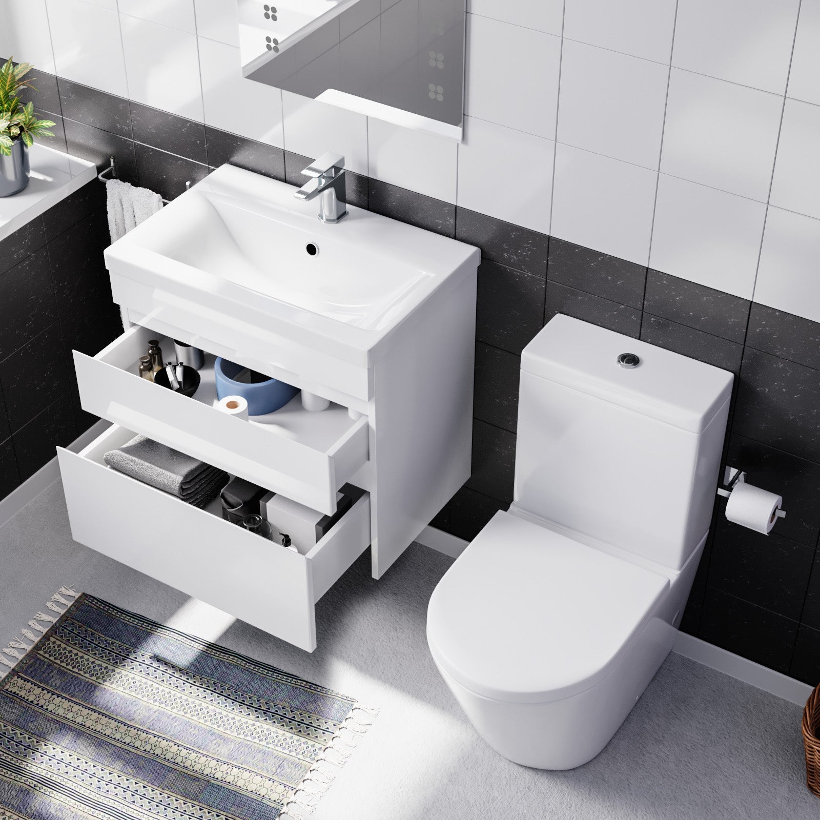 Alaska White 600mm Wall Hung 2 Drawers Vanity Cabinet Unit & Close Coupled Toilet