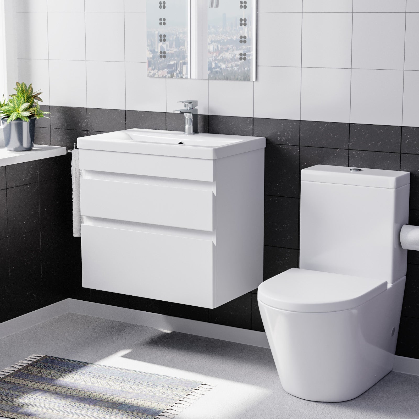 Alaska White 600mm Wall Hung 2 Drawers Vanity Cabinet Unit & Close Coupled Toilet