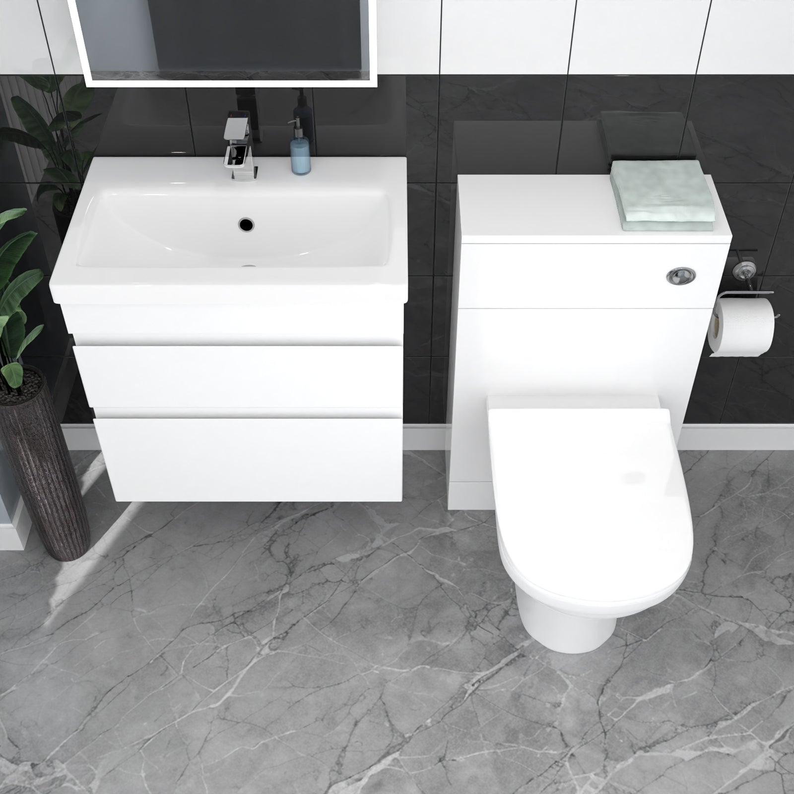 Alaska White Wall Hung 600mm Vanity Unit 2 Drawer with WC Unit & BTW Toilet